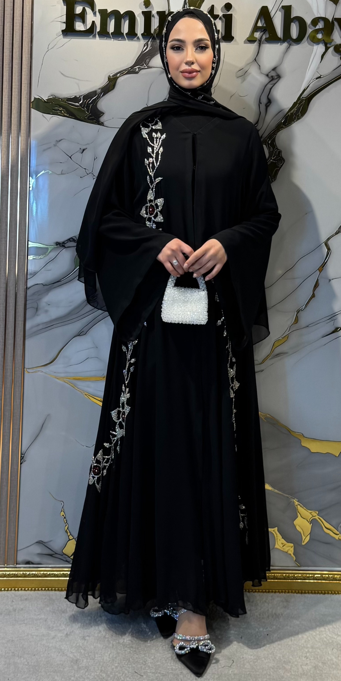 Premium Kore Şifon Swarovski Kristalli Abaya - El İşi Zarafet | EF0015 WSB
