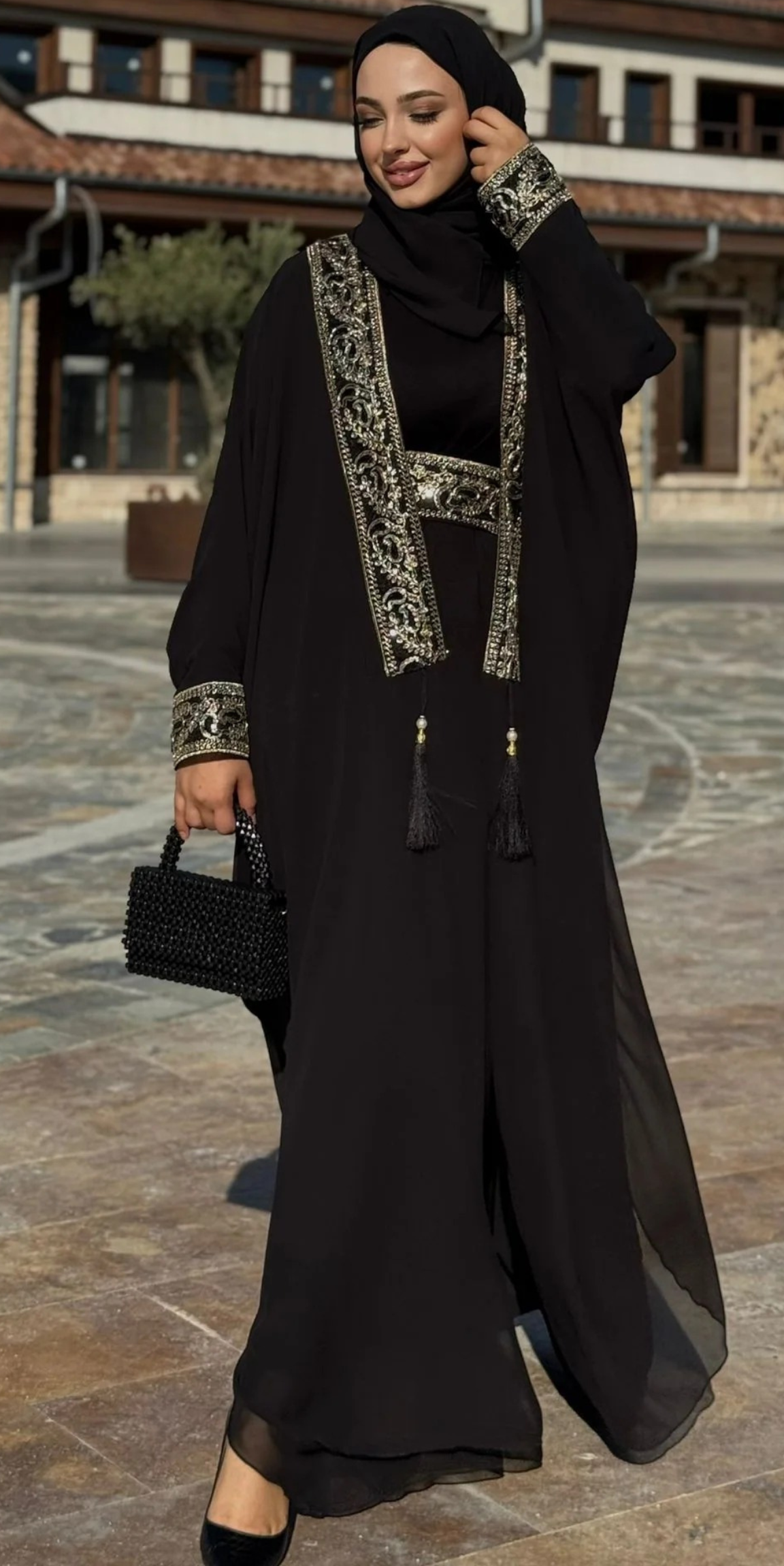 Black Traditional Abaya with Gold Pattern Front TM087 - 4-Piece Set (Includes Shawl, Belt and Inner Top)
