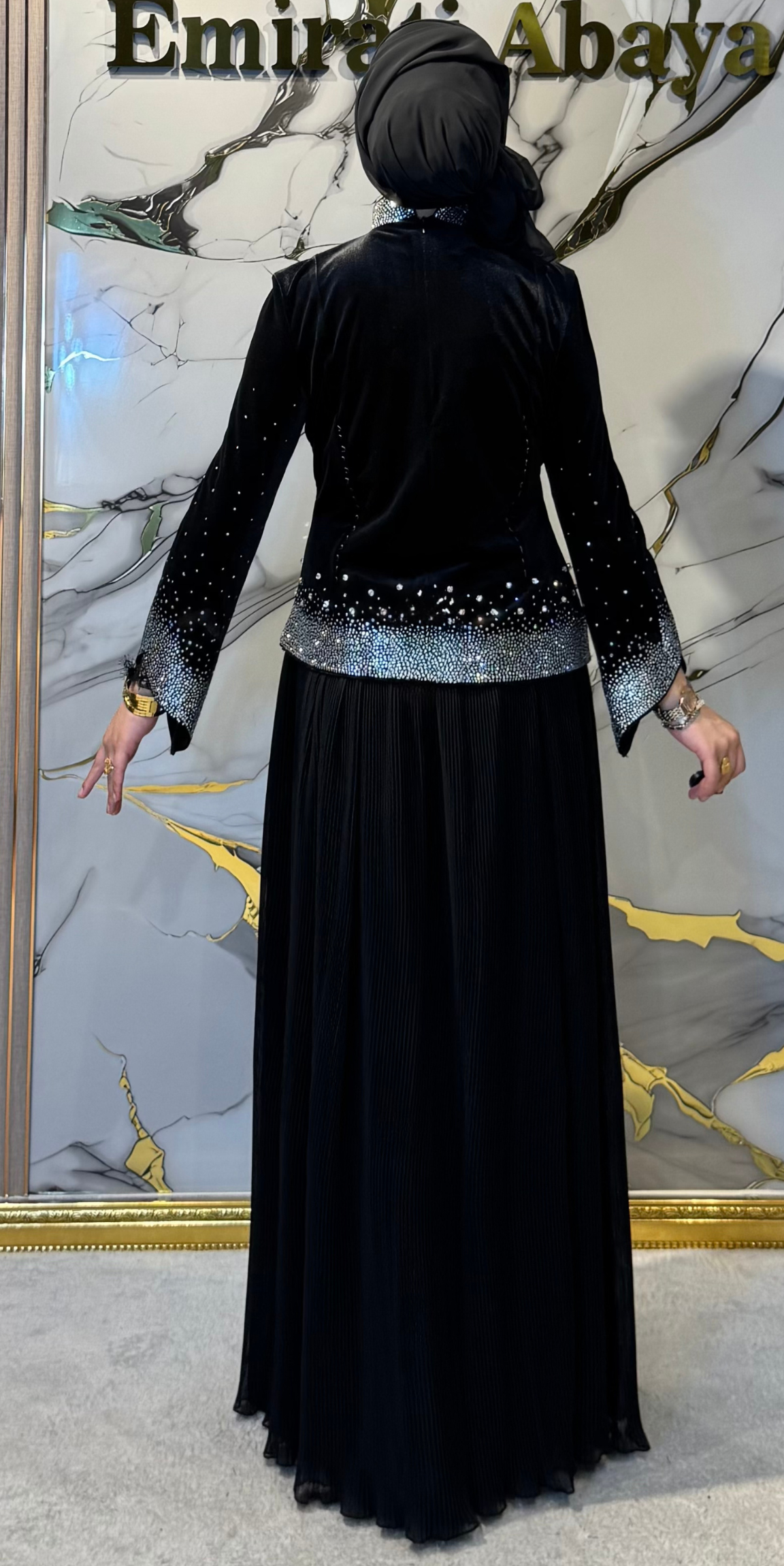 Night Glow Black Velvet Dubai Evening Gown with Swarovski Crystals | LY22 WSVB