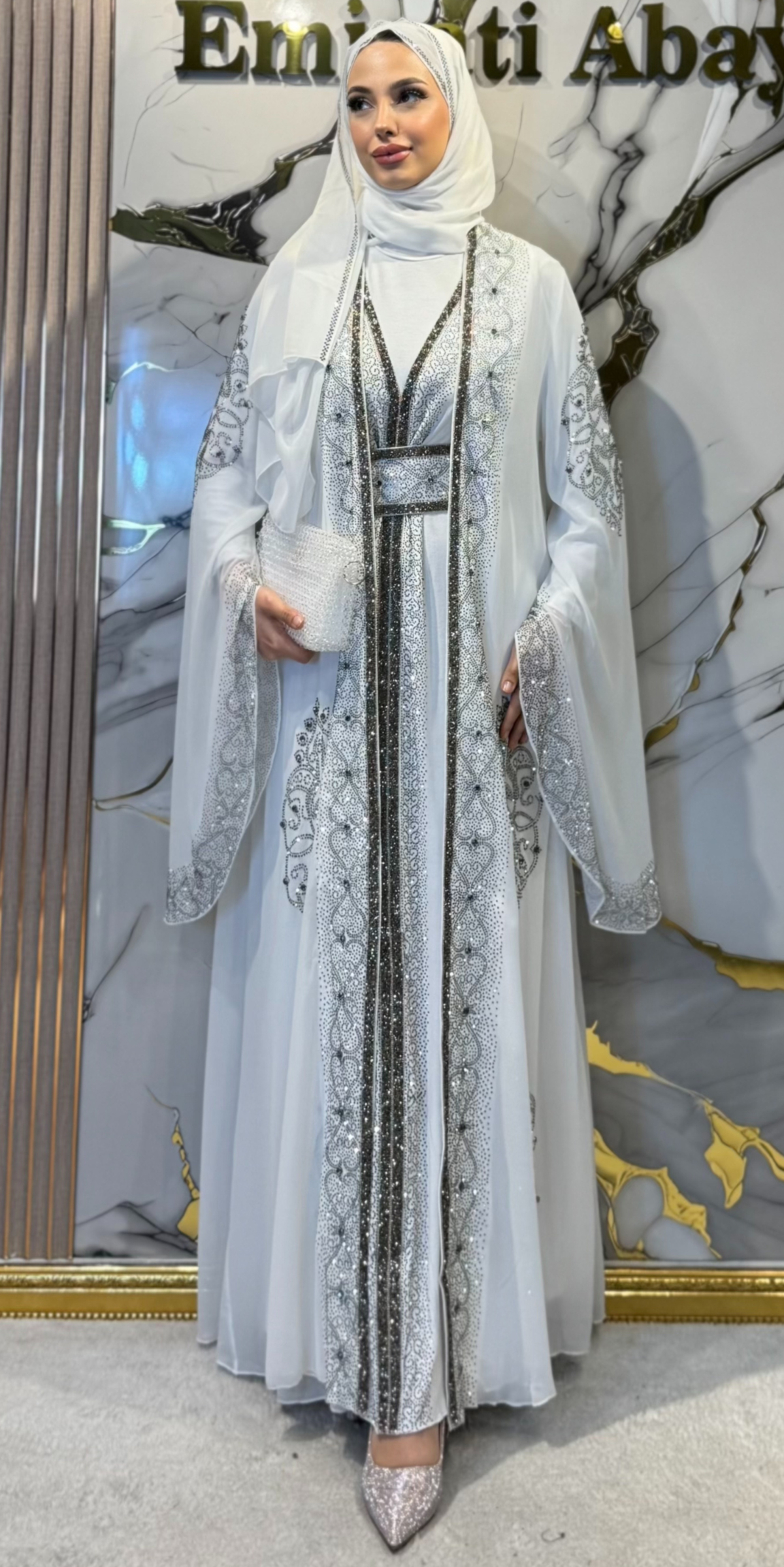 Traditional White Abaya Set with Hematite Stones WS57 HSW - Premium Set Including Shawl