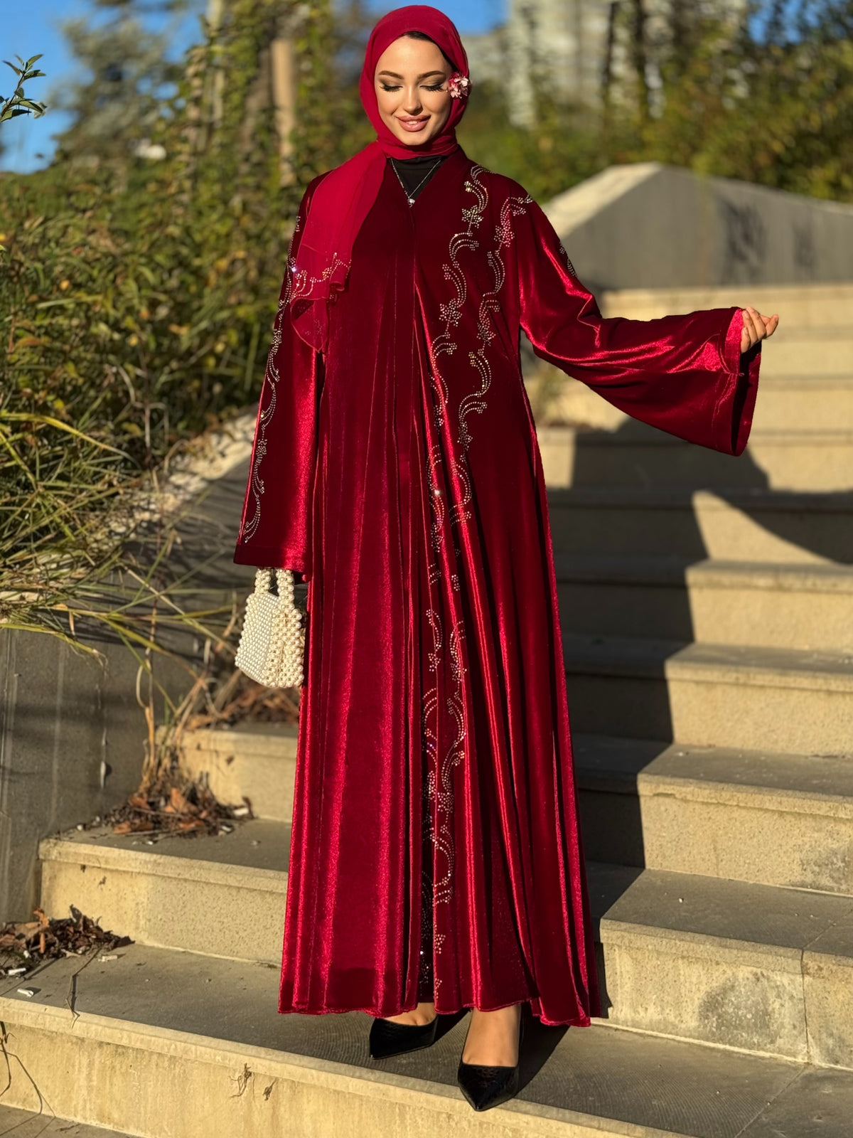 Burgundy Velvet Abaya with Swarovski Crystal Embellished Shoulders M58 RED - Luxurious and Elegant Model