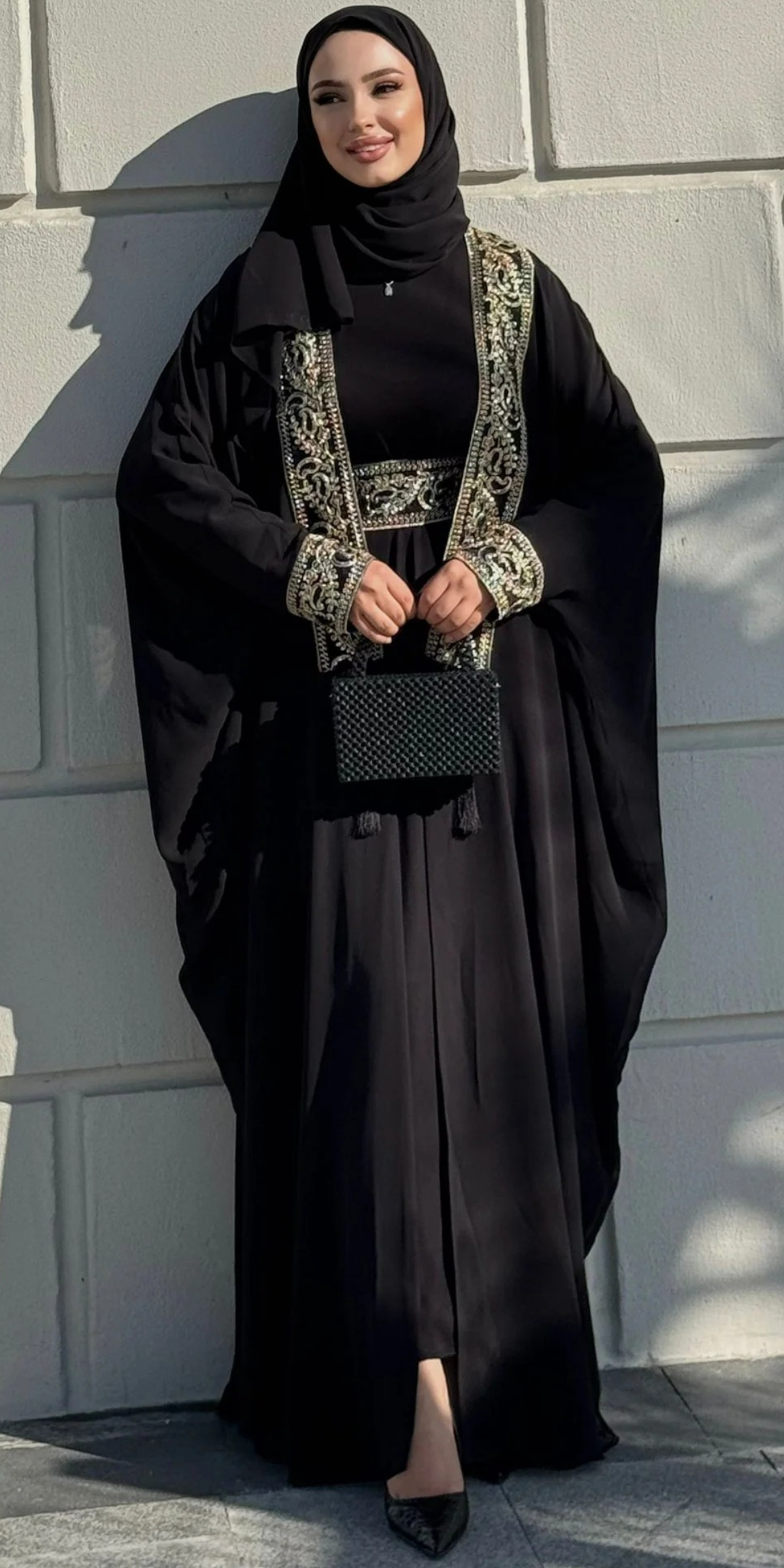 Black Traditional Abaya with Gold Pattern Front TM087 - 4-Piece Set (Includes Shawl, Belt and Inner Top)