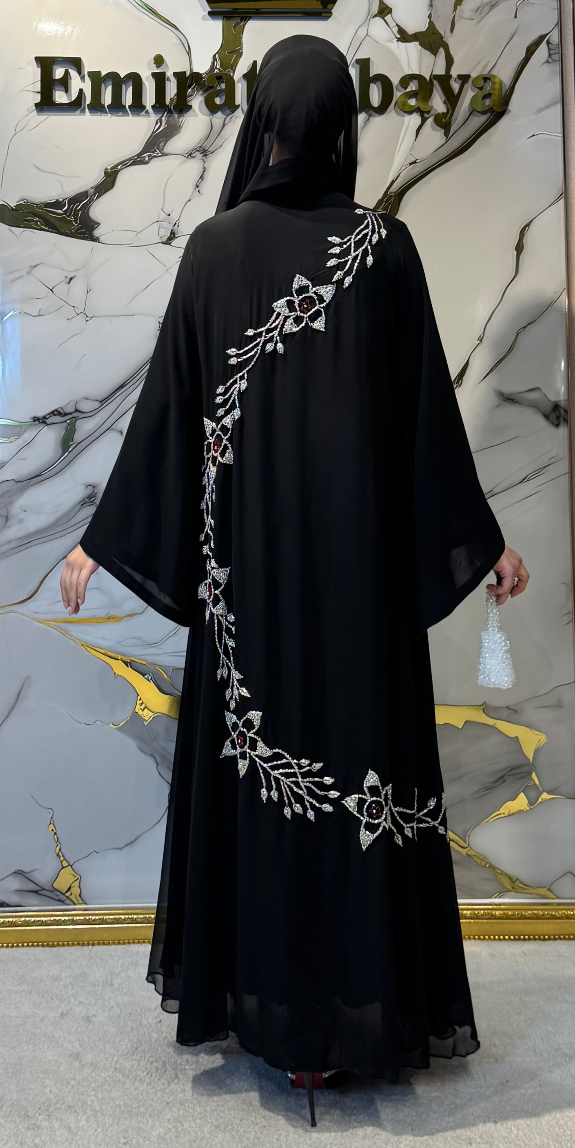 Premium Kore Şifon Swarovski Kristalli Abaya - El İşi Zarafet | EF0015 WSB
