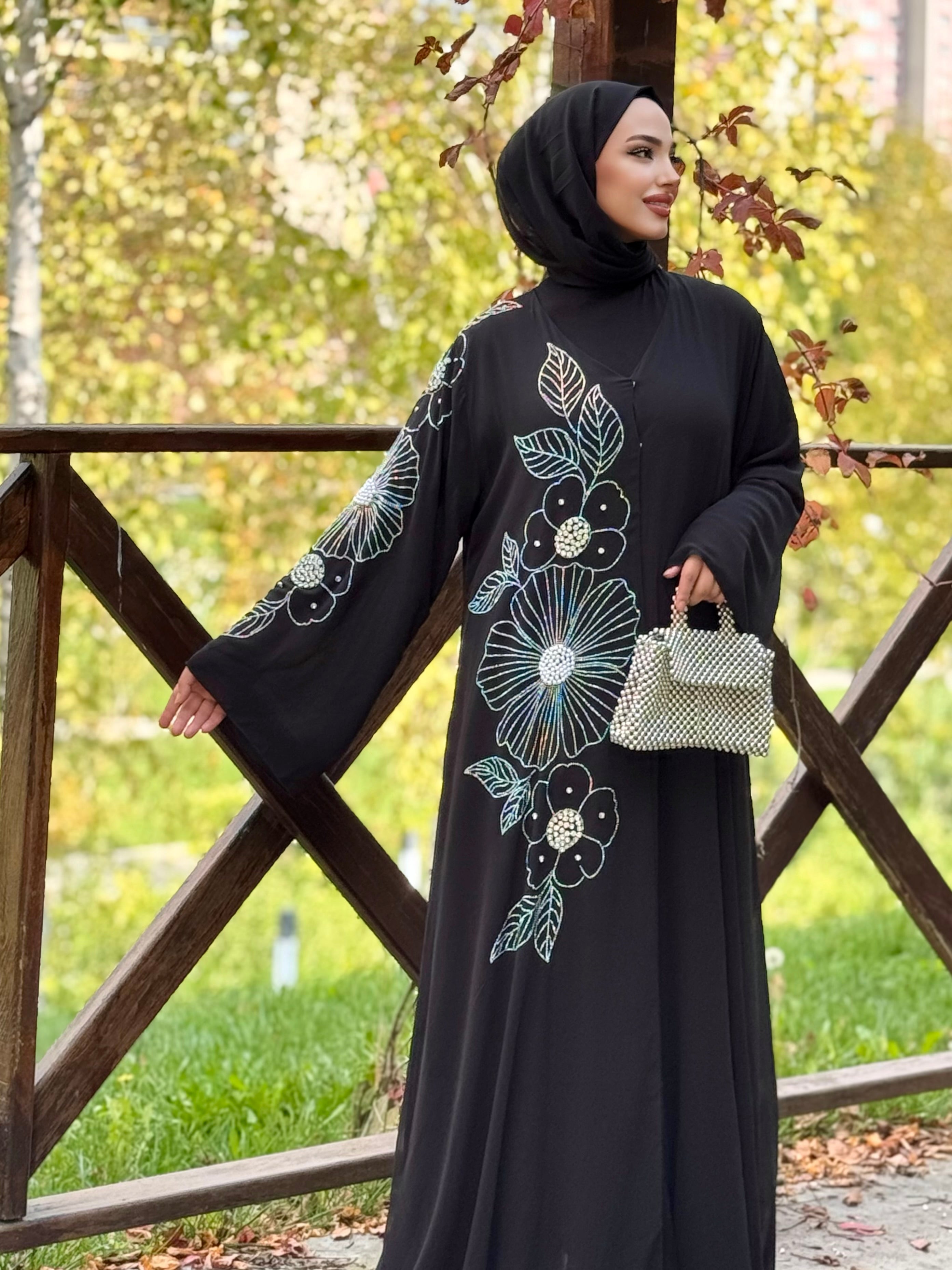 Işıltılı Taş Desenli Siyah Abaya