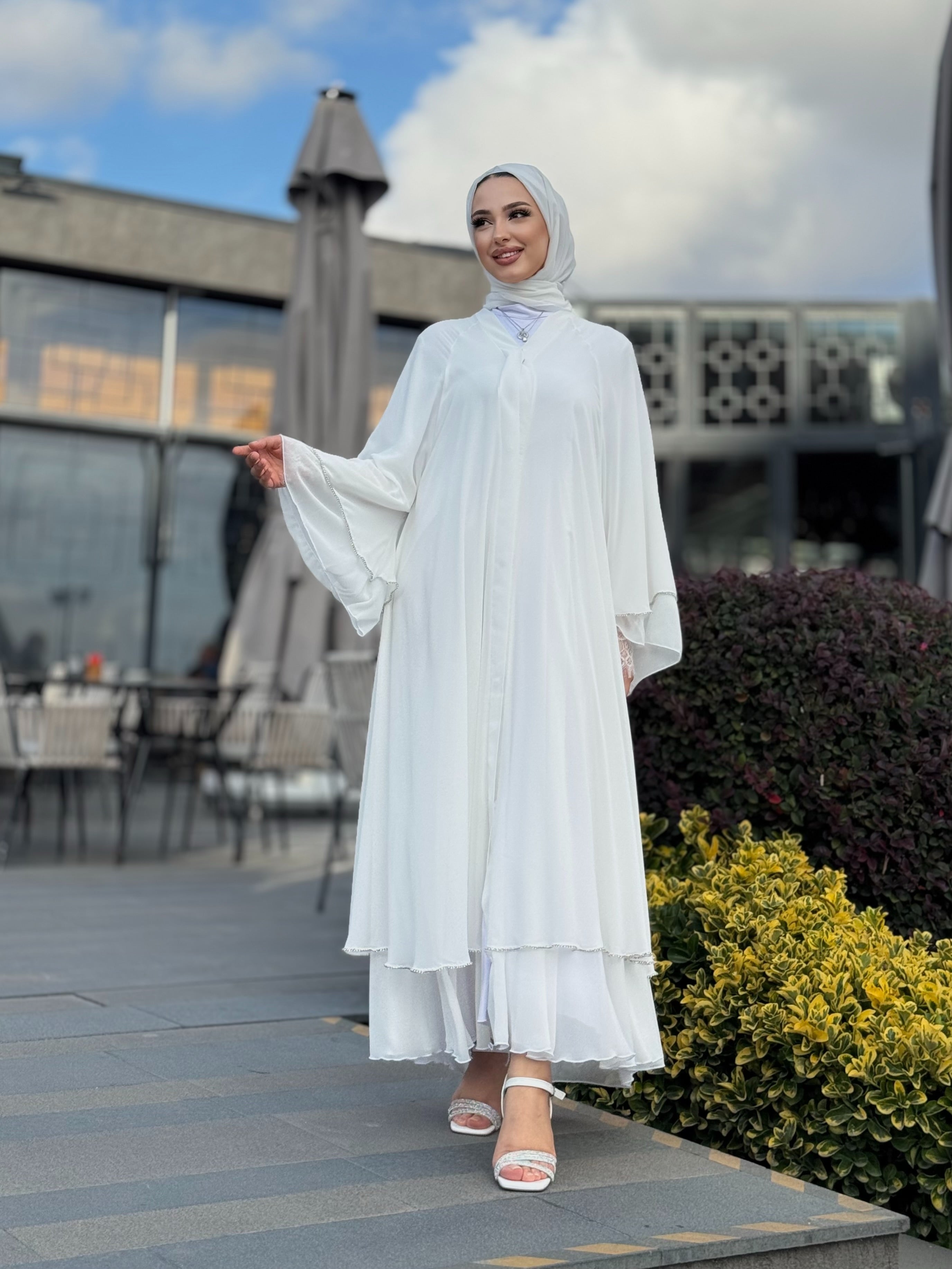 İki Katlı Beyaz Swarovski Taşlı Abaya