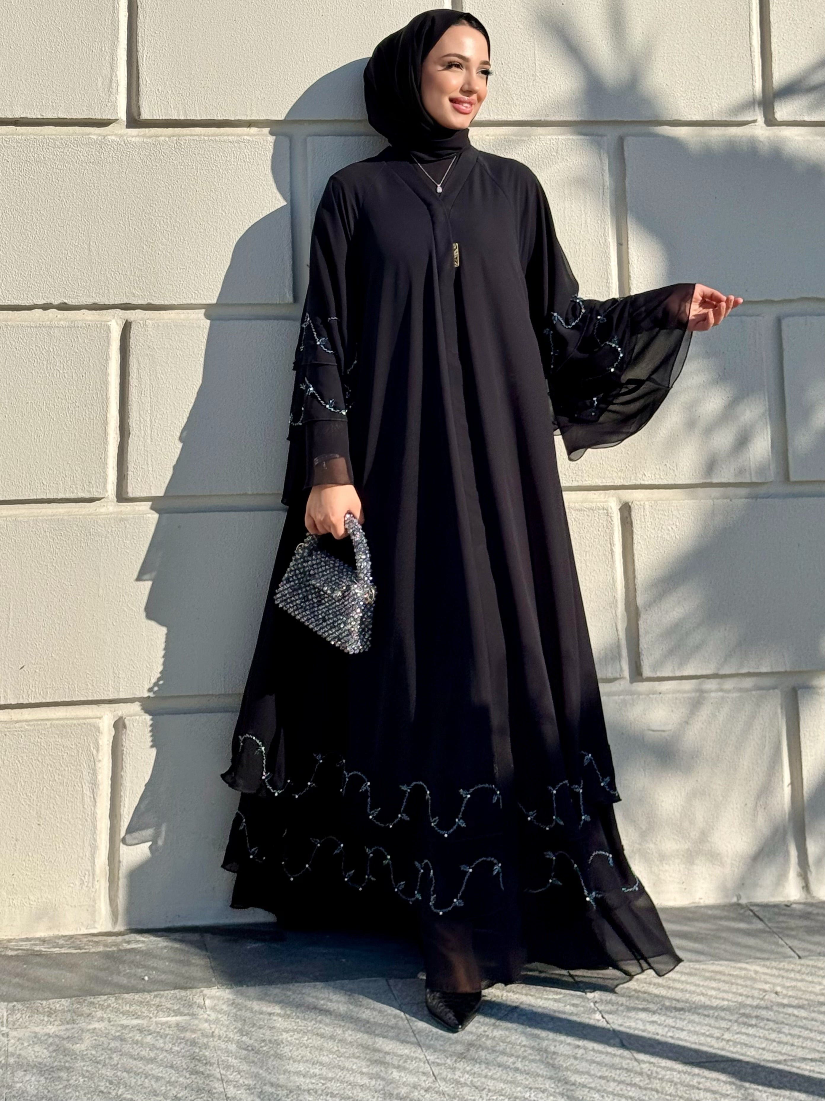 Hand Embroidered Blue Stone Black Chiffon Abaya