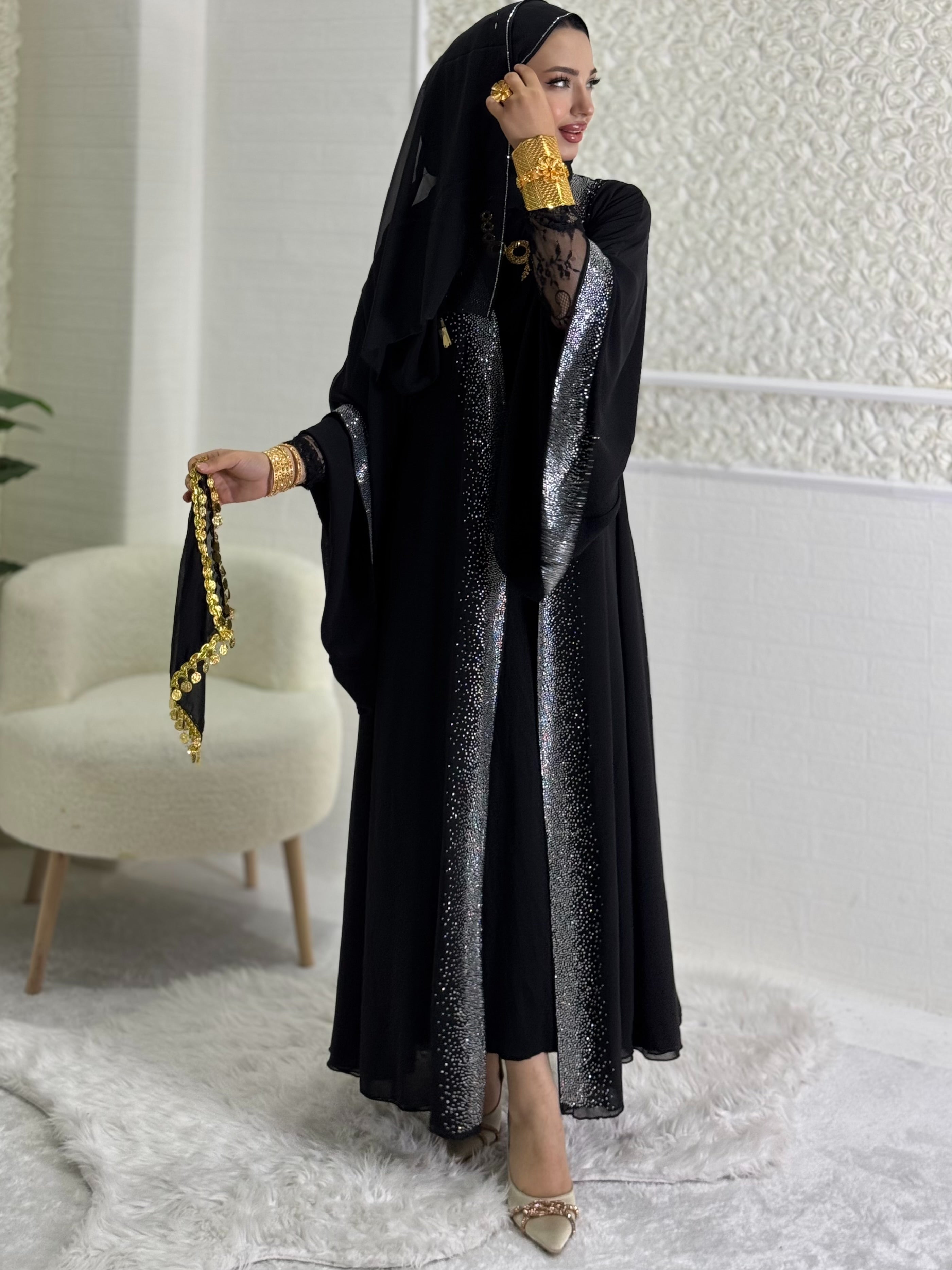 Shiny Stylish Abaya with Stones on the Front