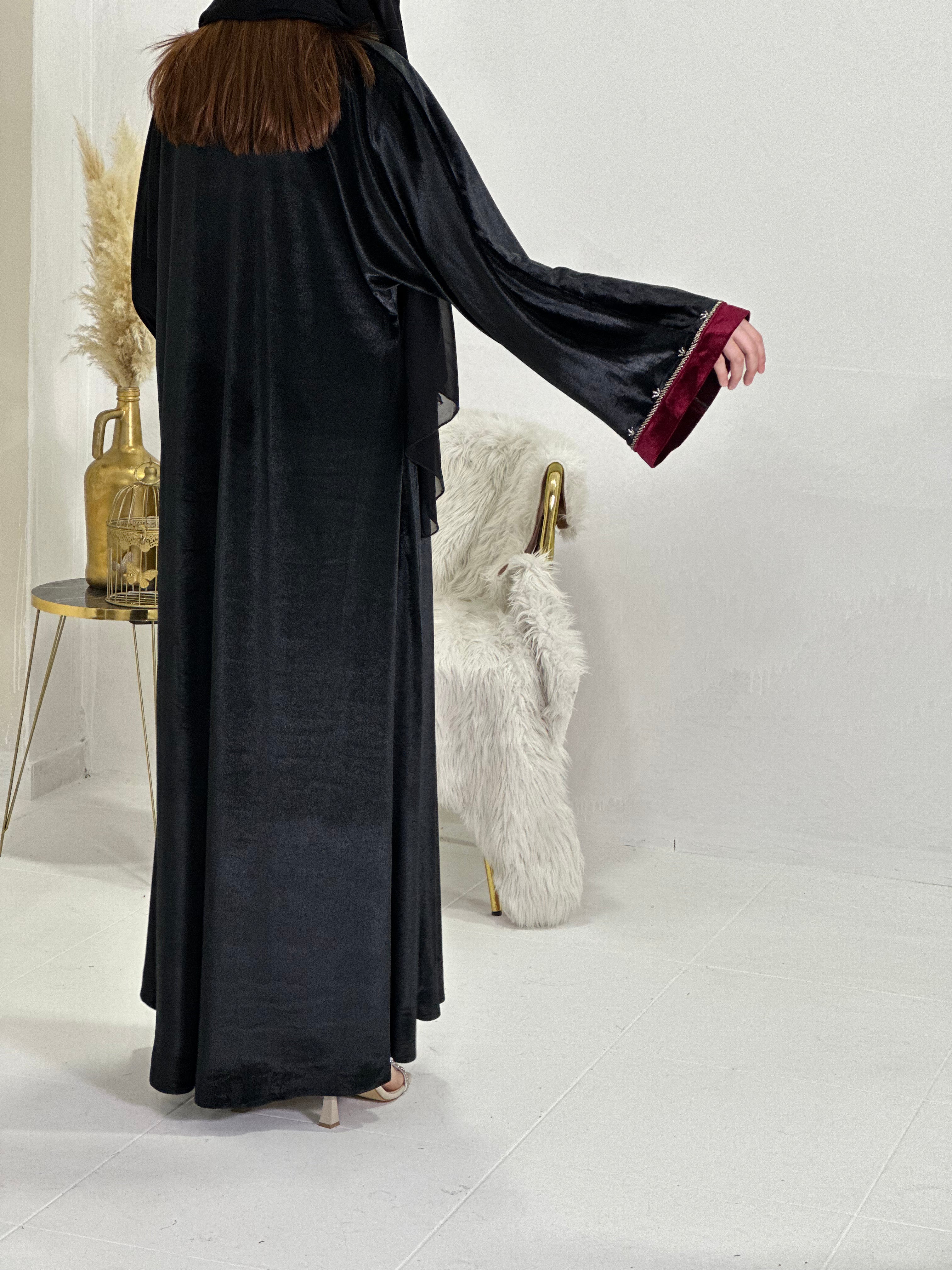Regal Whispers: Velvet English Collar Abaya with Handmade Swarovski Stone Embroidery
