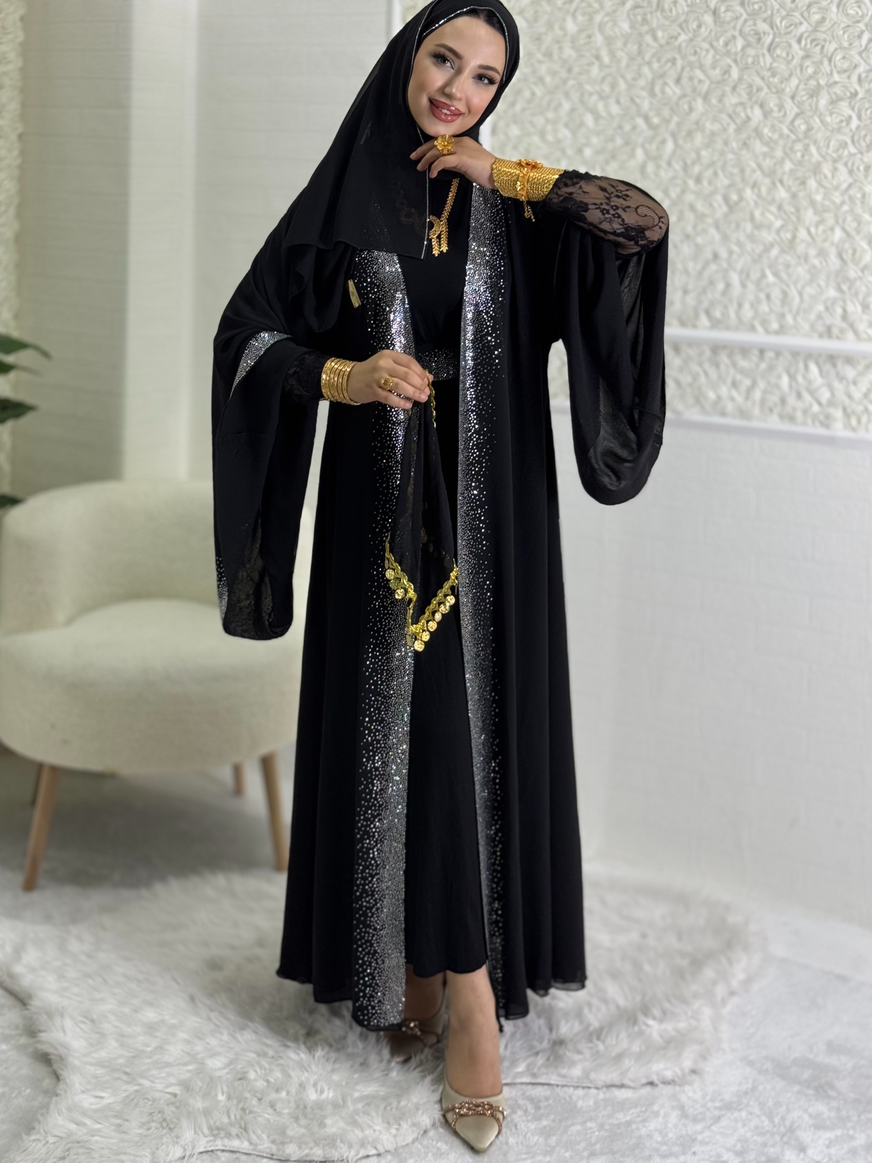 Shiny Stylish Abaya with Stones on the Front