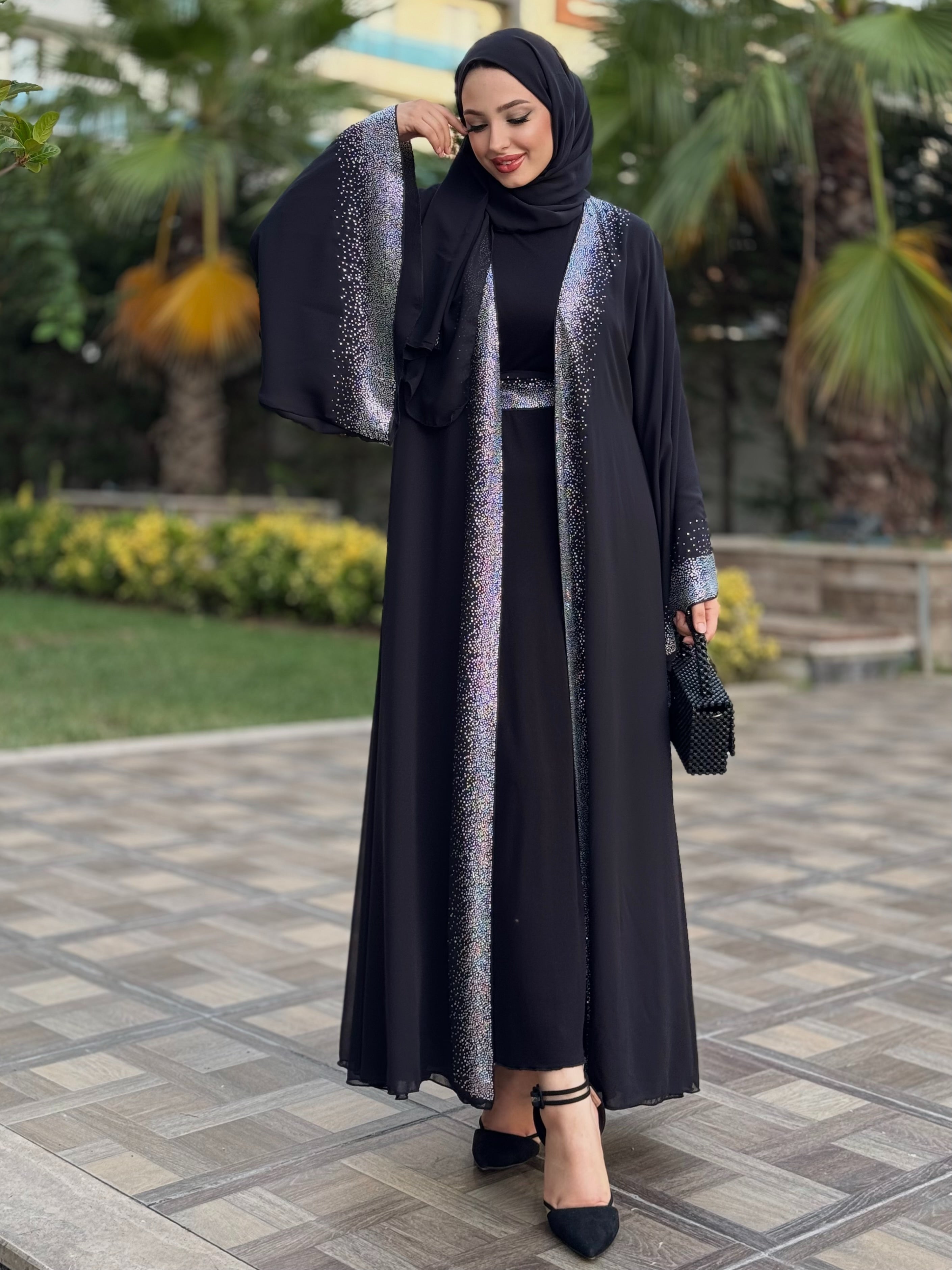 Önü Taşlı Işıltılı Şık Abaya