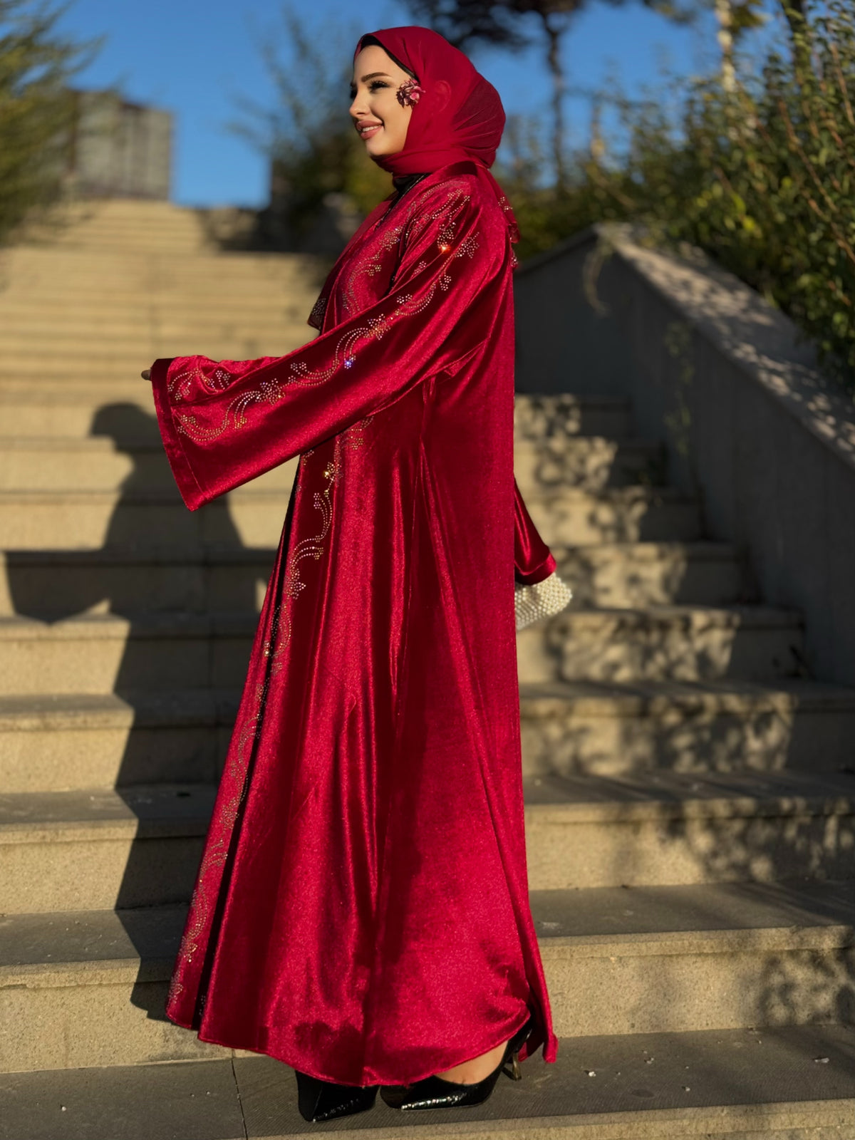 Burgundy Velvet Abaya with Swarovski Crystal Embellished Shoulders M58 RED - Luxurious and Elegant Model