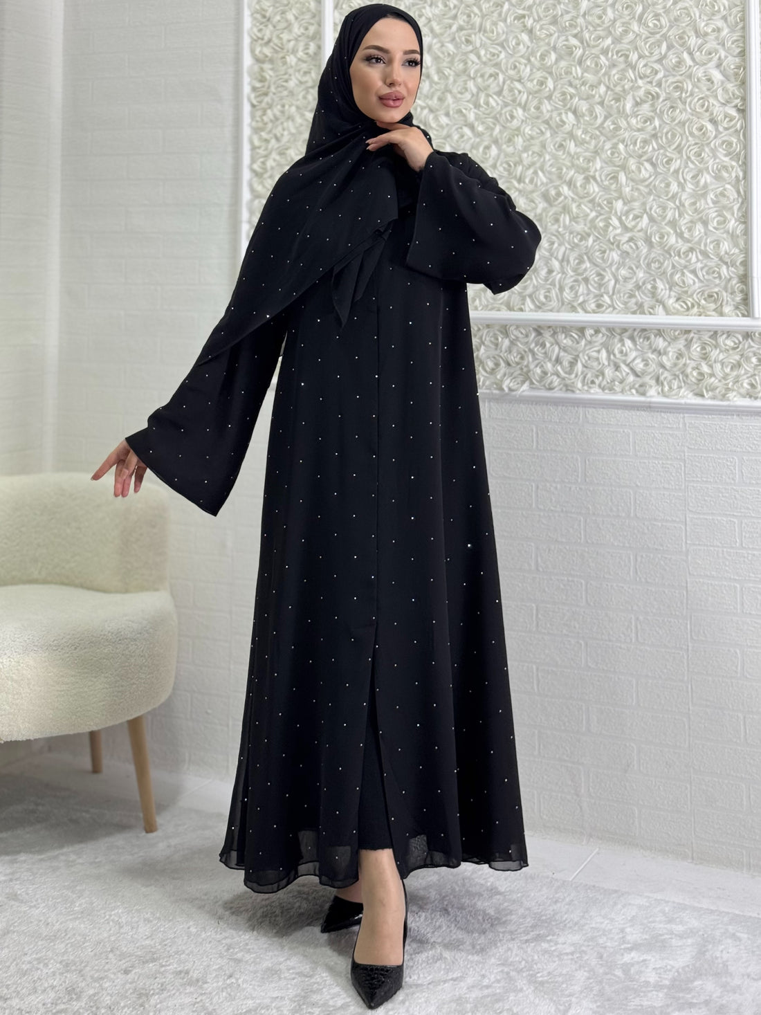 Swarovski taşlı lüks Şifon siyah abaya