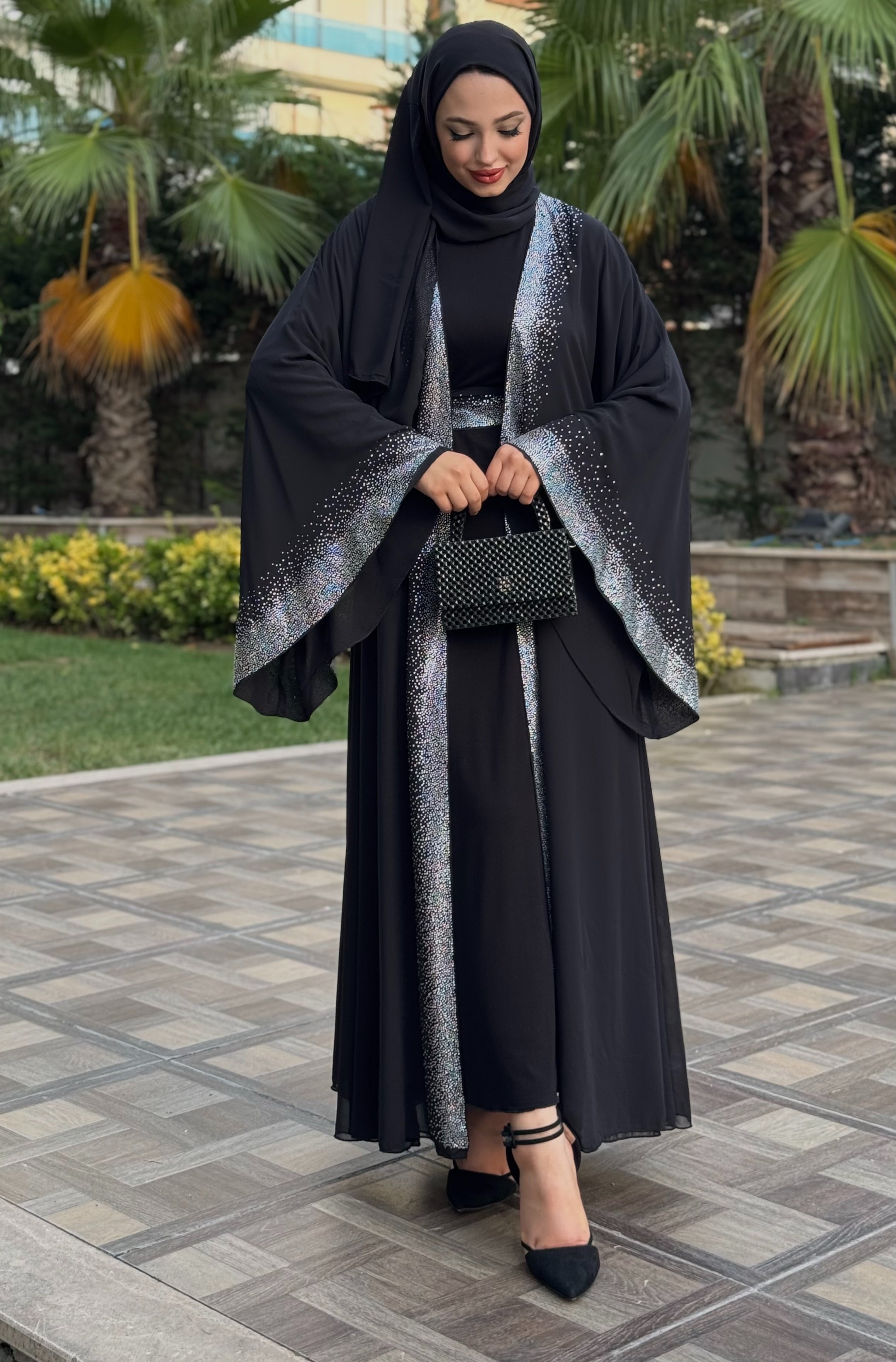 Shiny Stylish Abaya with Stones on the Front