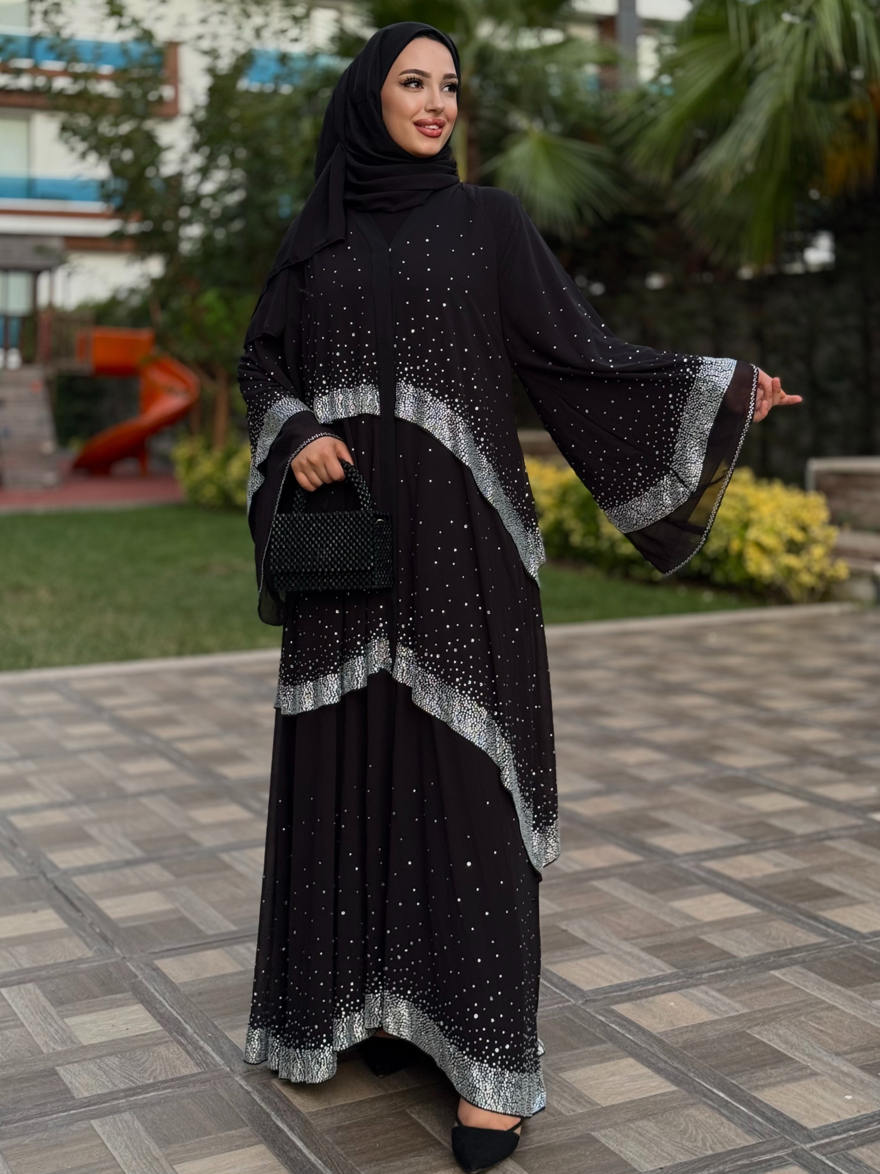 Swarovski Taşlı Katmanlı Siyah Şık Abaya