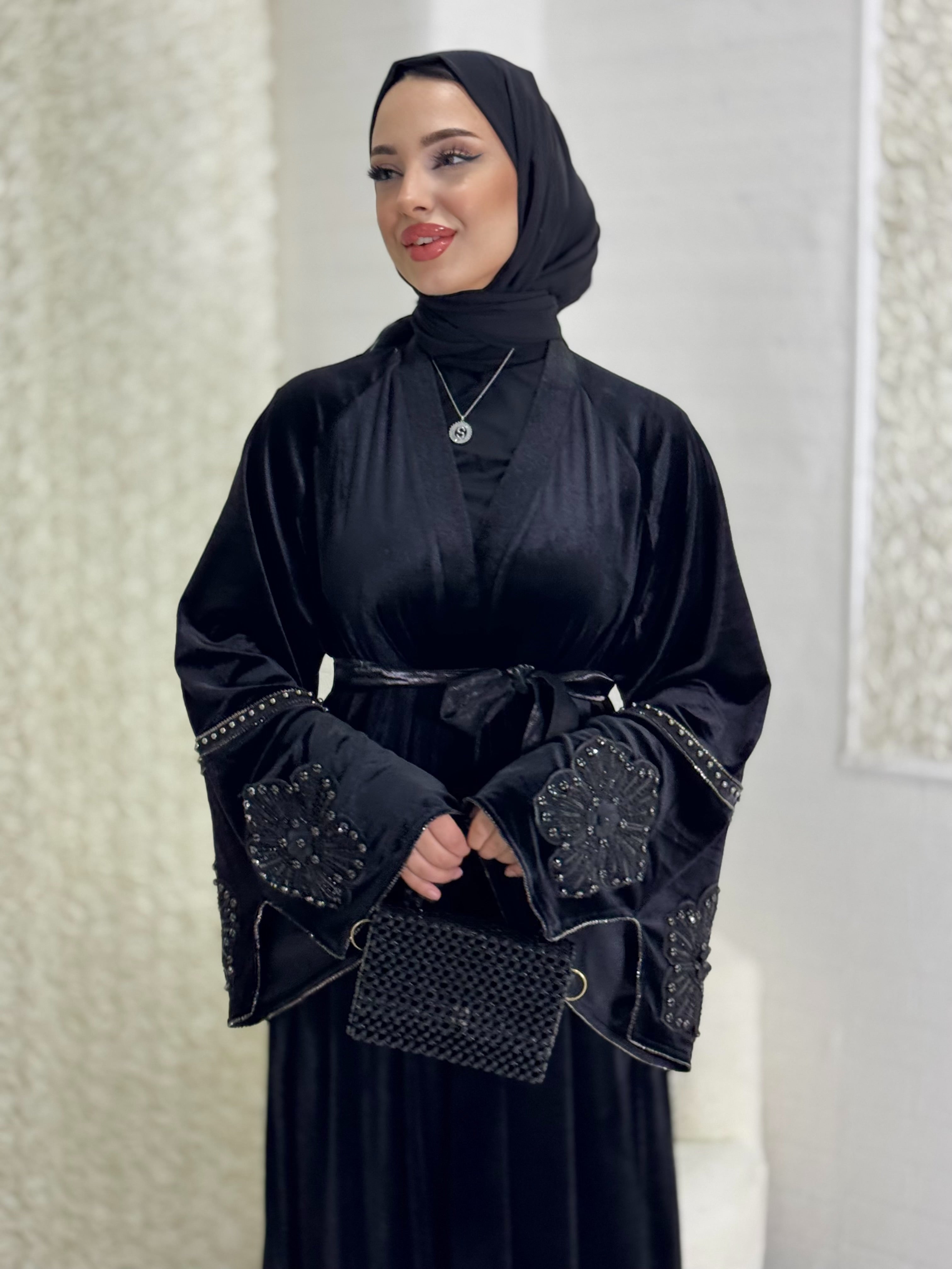 Black Stylish Abaya with Flower Detail on Sleeves