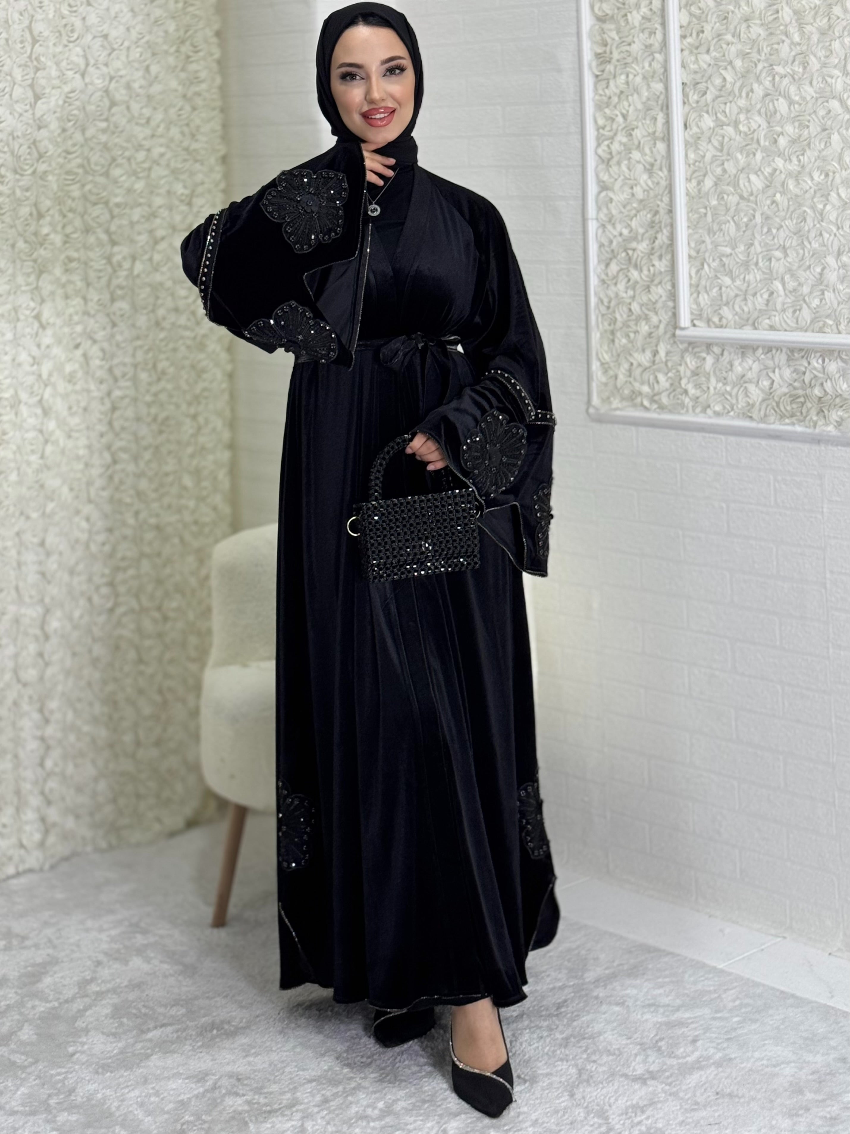 Black Stylish Abaya with Flower Detail on Sleeves