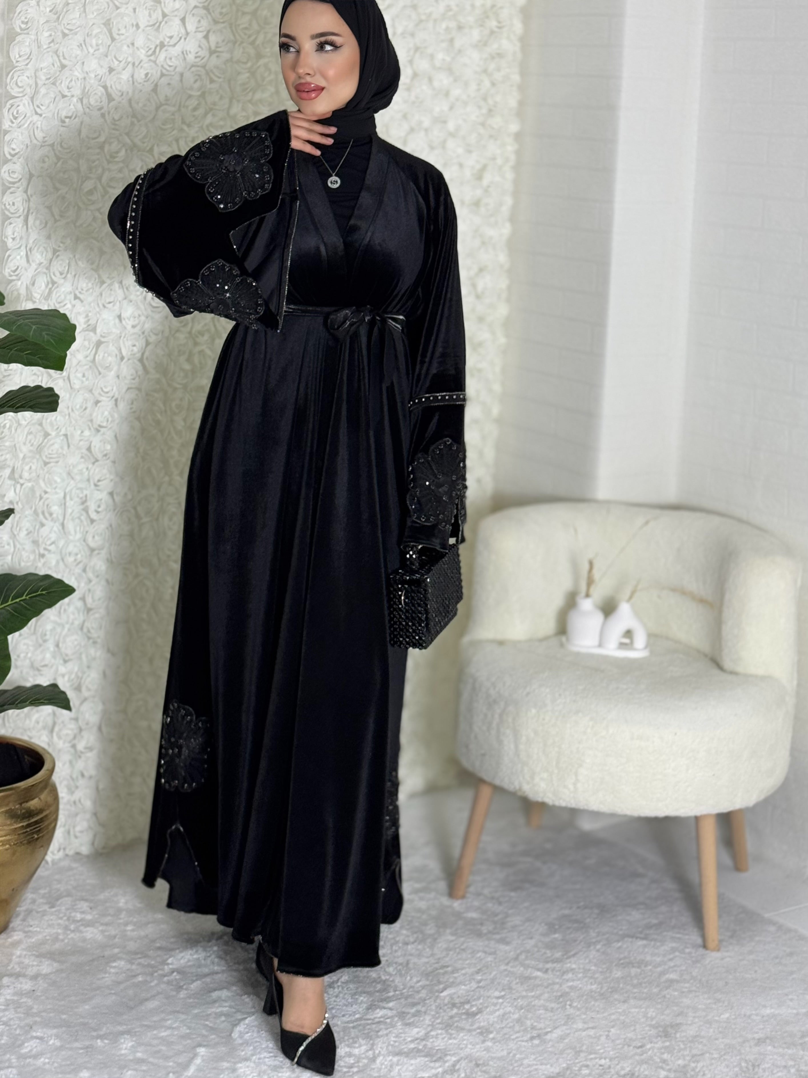 Black Stylish Abaya with Flower Detail on Sleeves