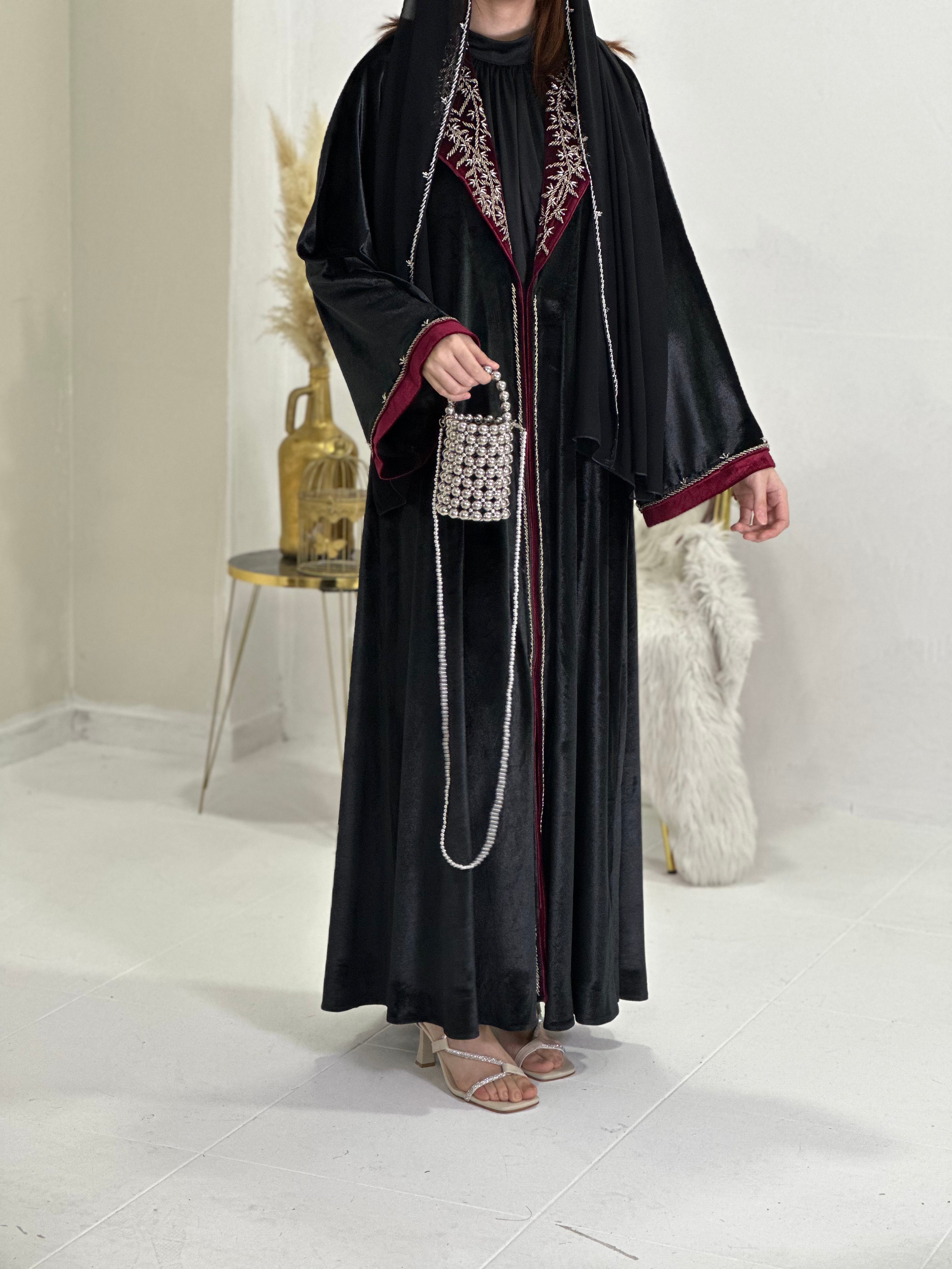 Regal Whispers: Velvet English Collar Abaya with Handmade Swarovski Stone Embroidery
