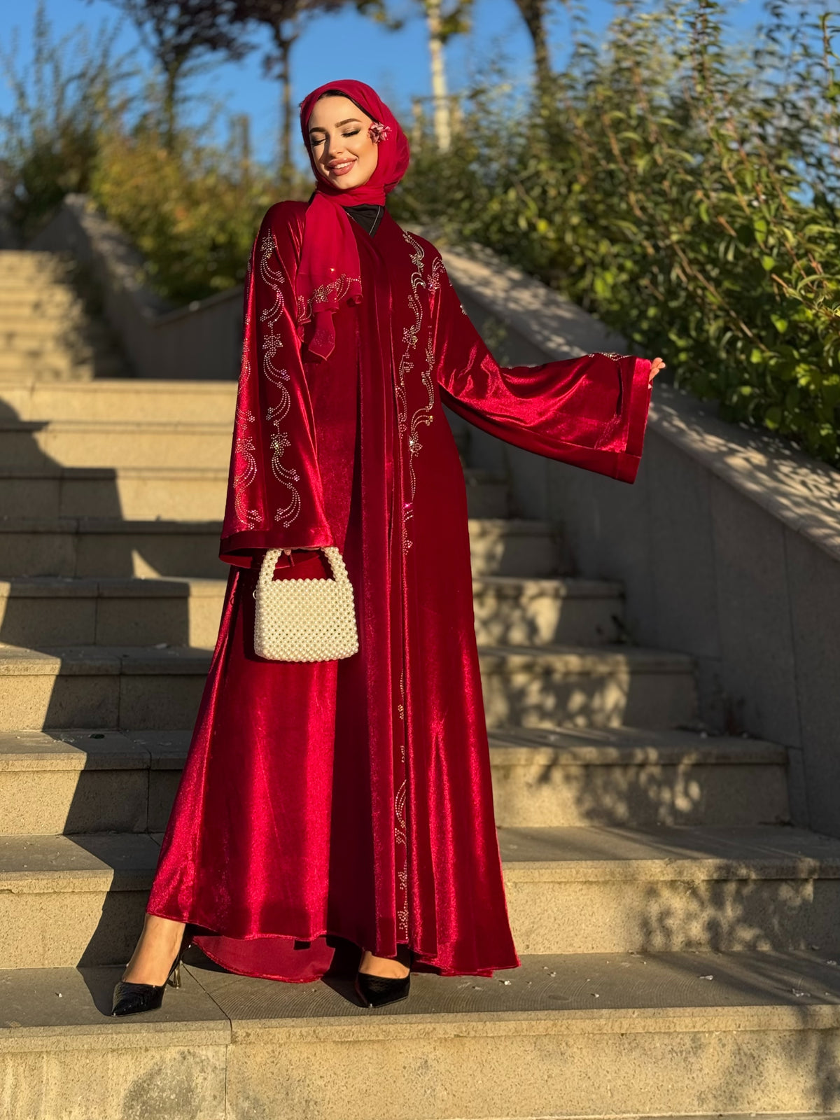 Burgundy Velvet Abaya with Swarovski Crystal Embellished Shoulders M58 RED - Luxurious and Elegant Model