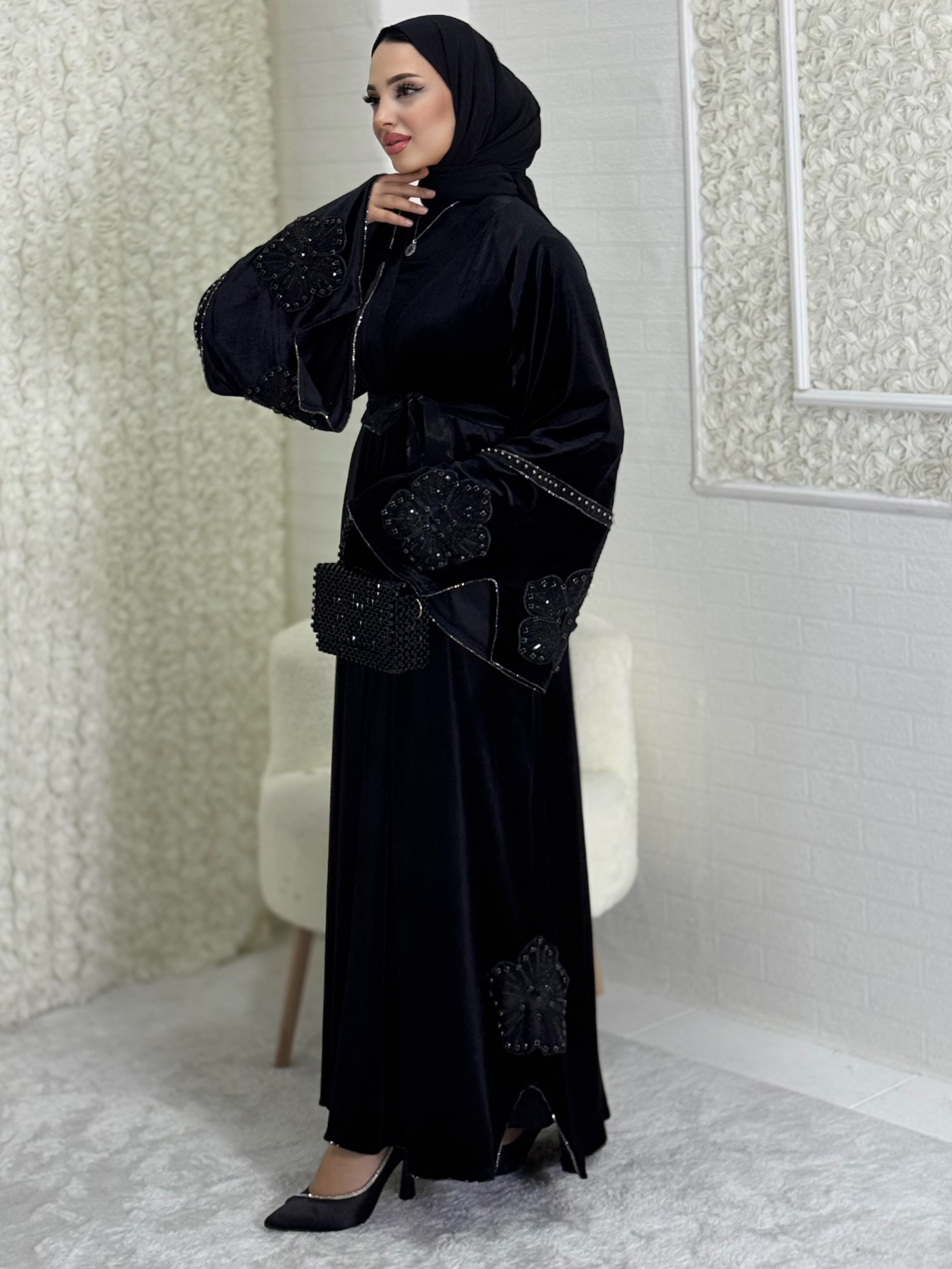 Black Stylish Abaya with Flower Detail on Sleeves