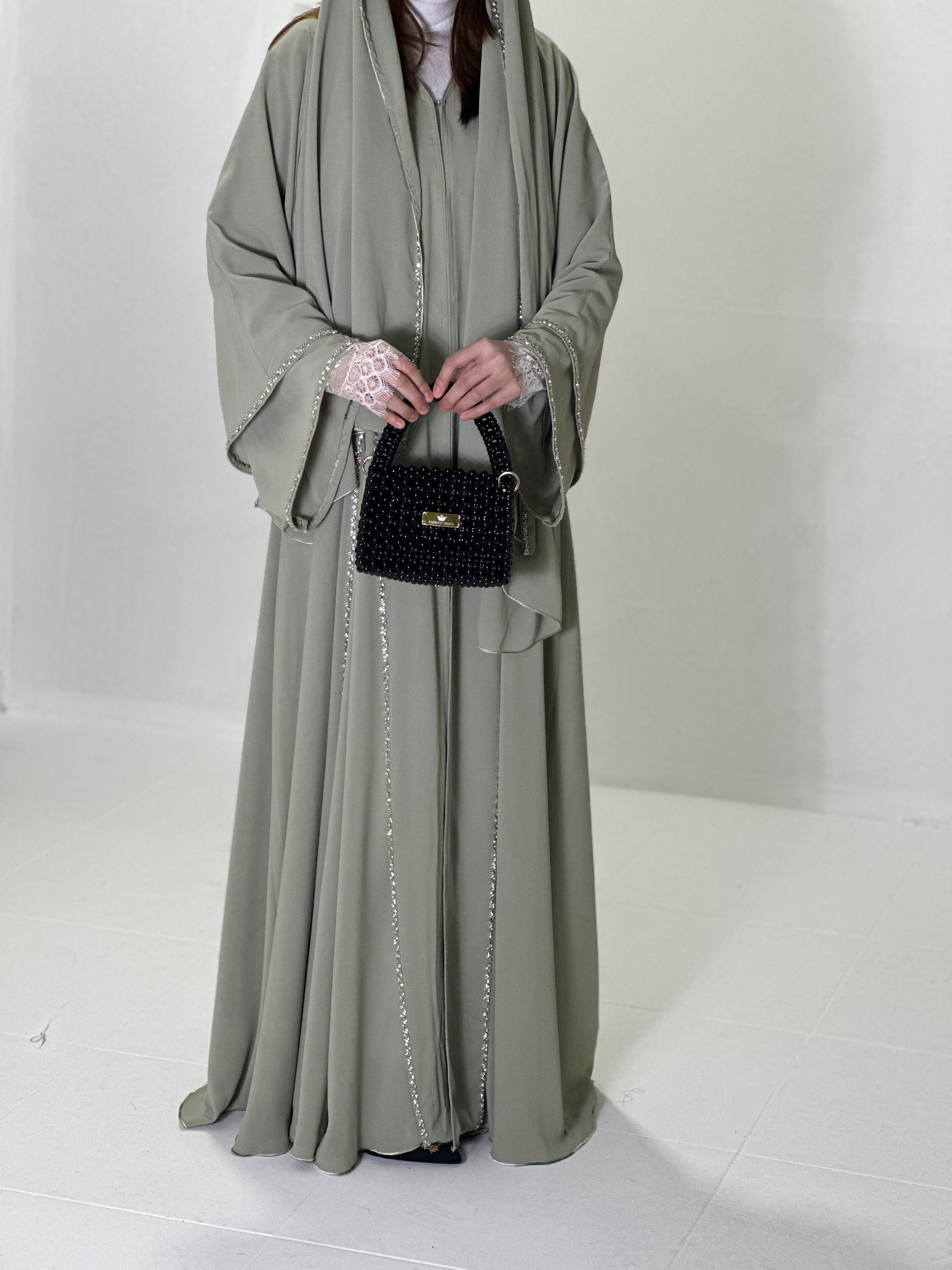 Enchanting Olive: Chiffon Abaya Adorned with Full Handmade Stone Embellishments