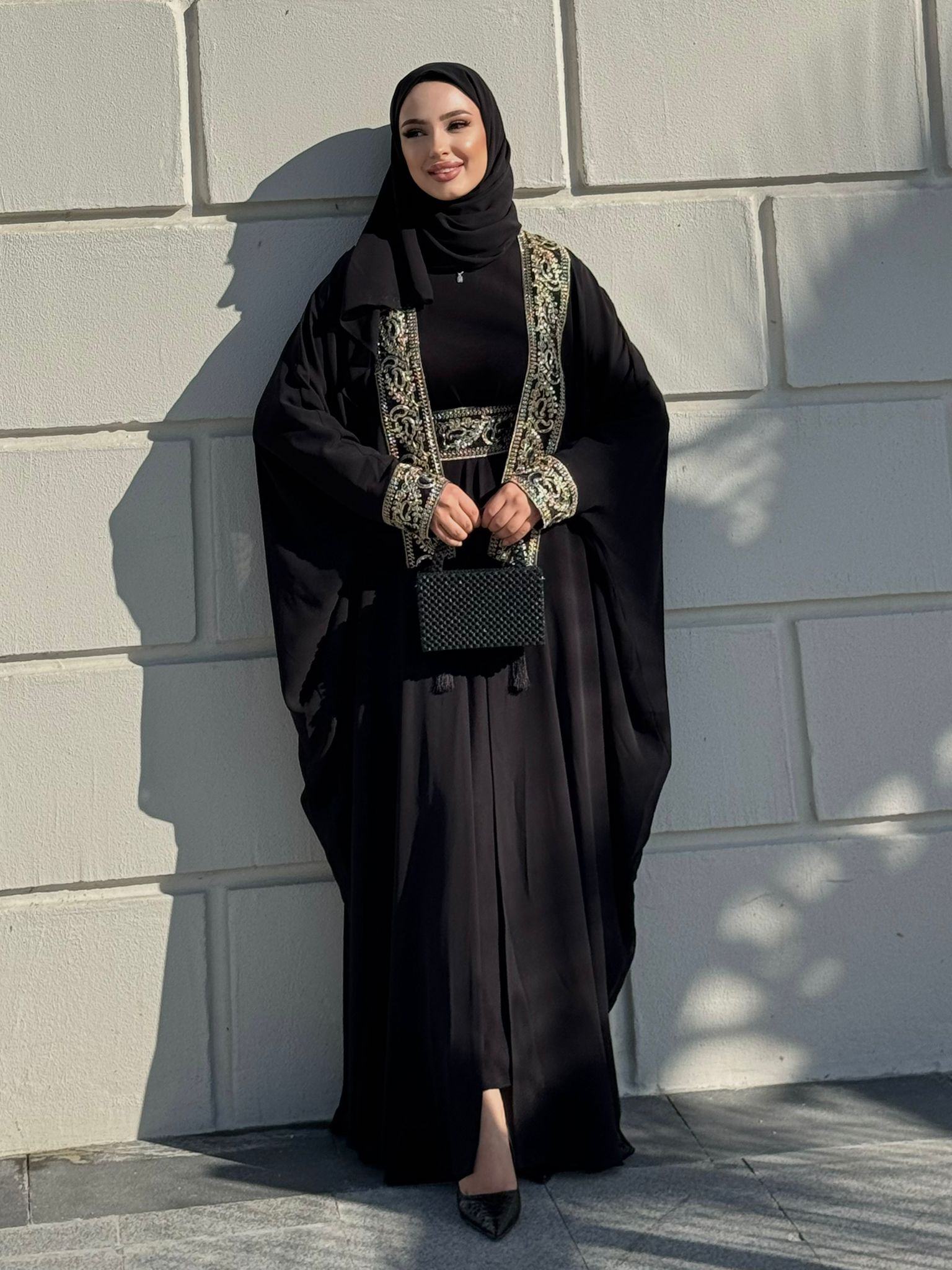 Black Local Abaya with Gold Pattern on the Front