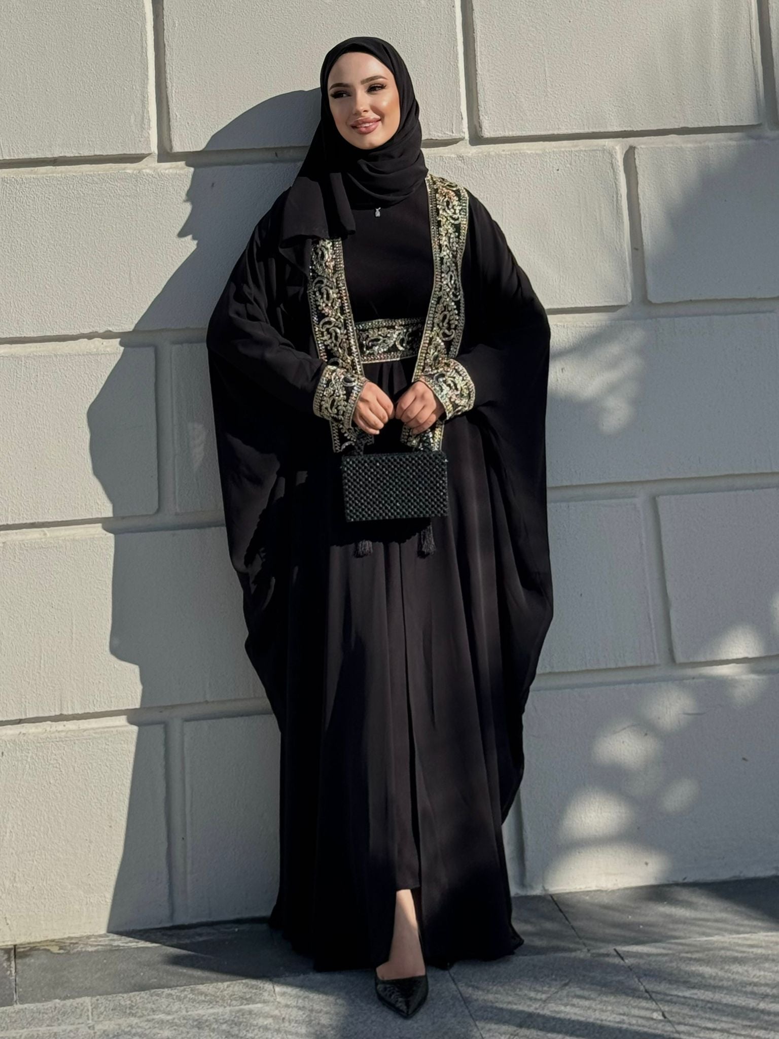 Black Local Abaya with Gold Pattern on the Front