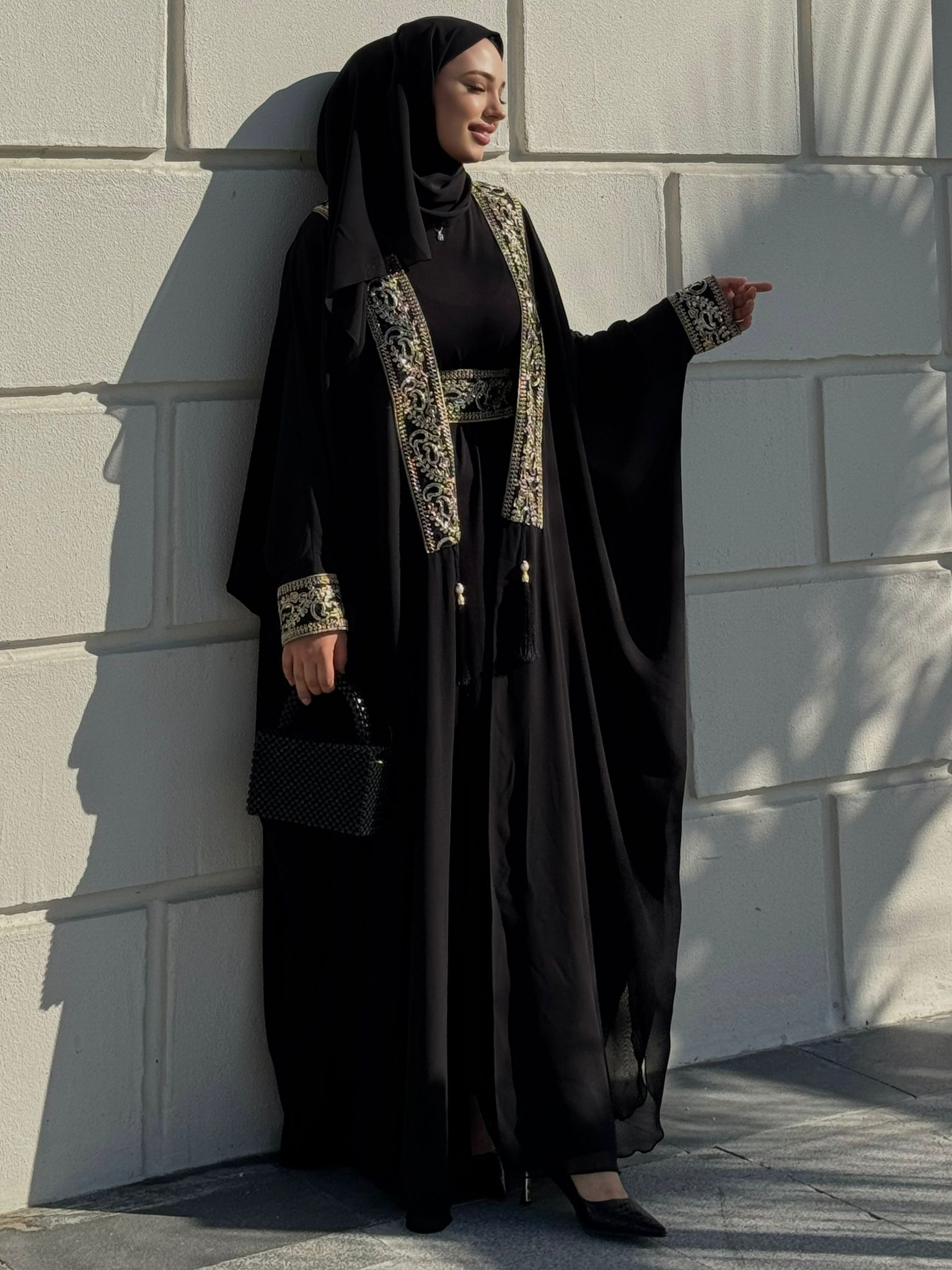 Black Local Abaya with Gold Pattern on the Front