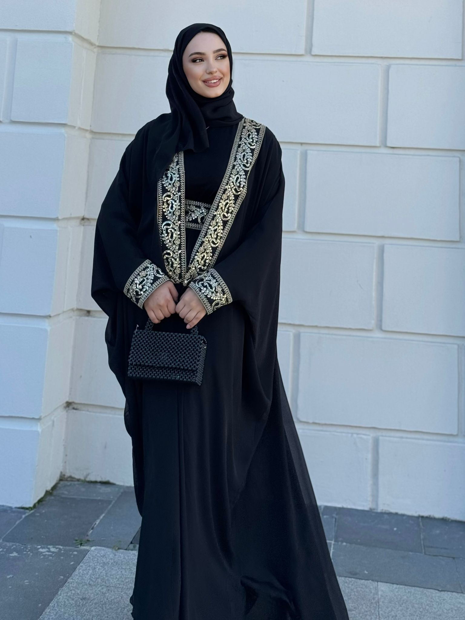 Black Local Abaya with Gold Pattern on the Front