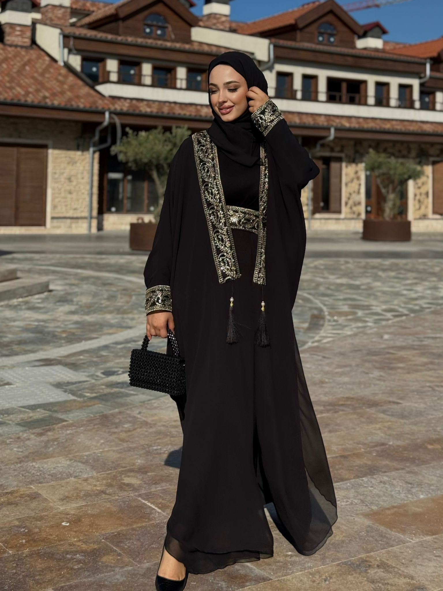 Black Local Abaya with Gold Pattern on the Front