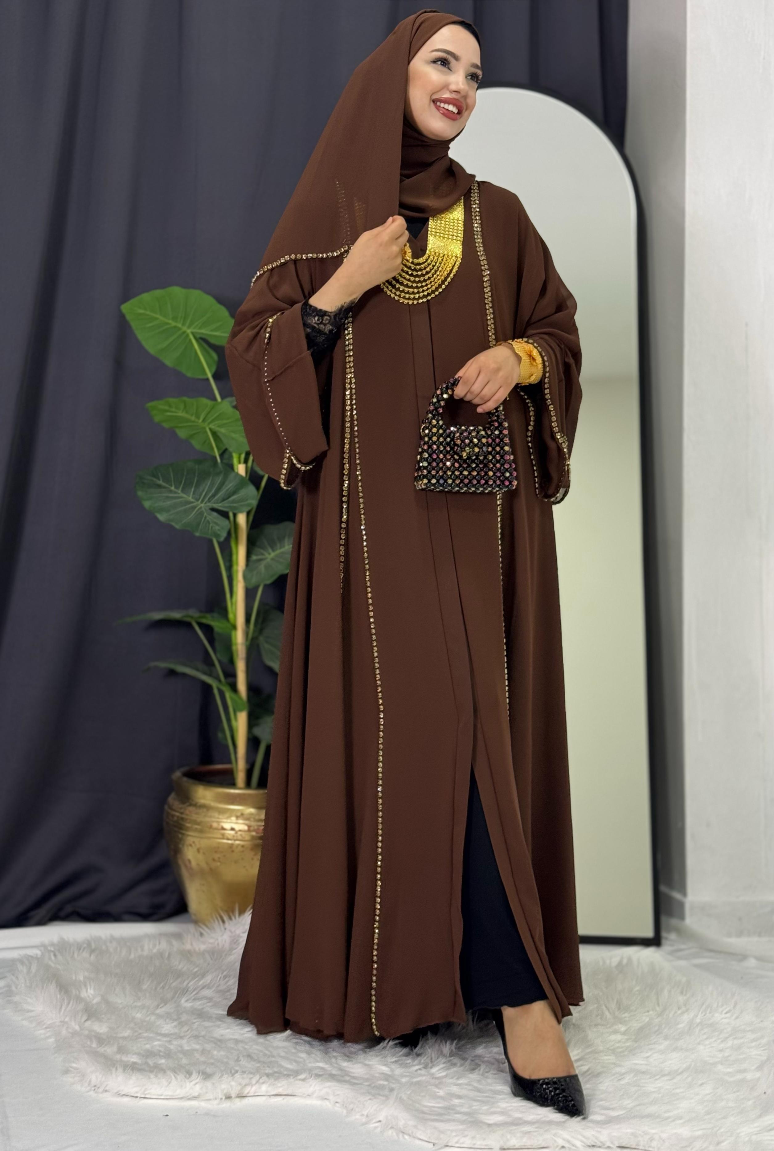 Chiffon Brown Abaya with Front Slit and Gold Stones