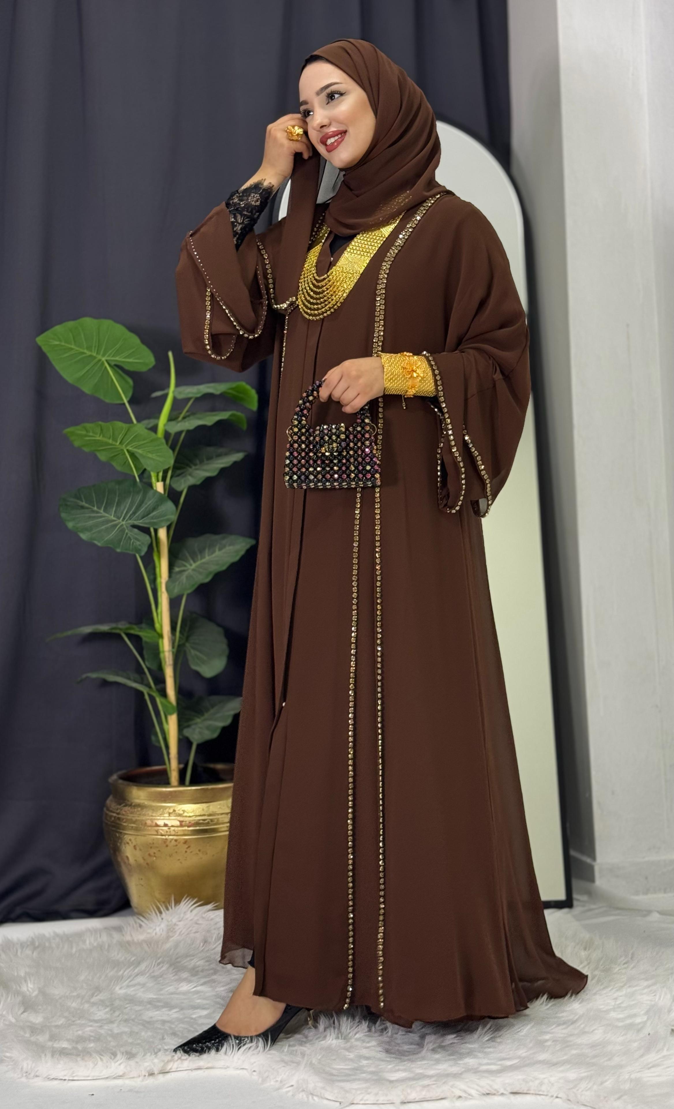 Chiffon Brown Abaya with Front Slit and Gold Stones