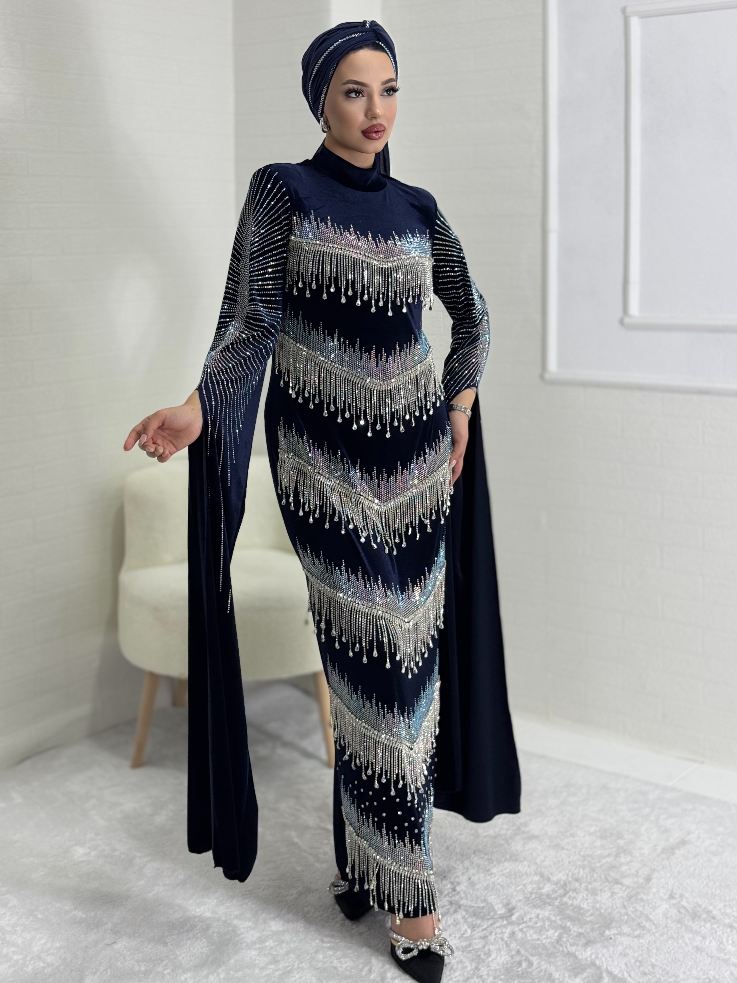 Blue Velvet Evening Dress Embellished with Stones