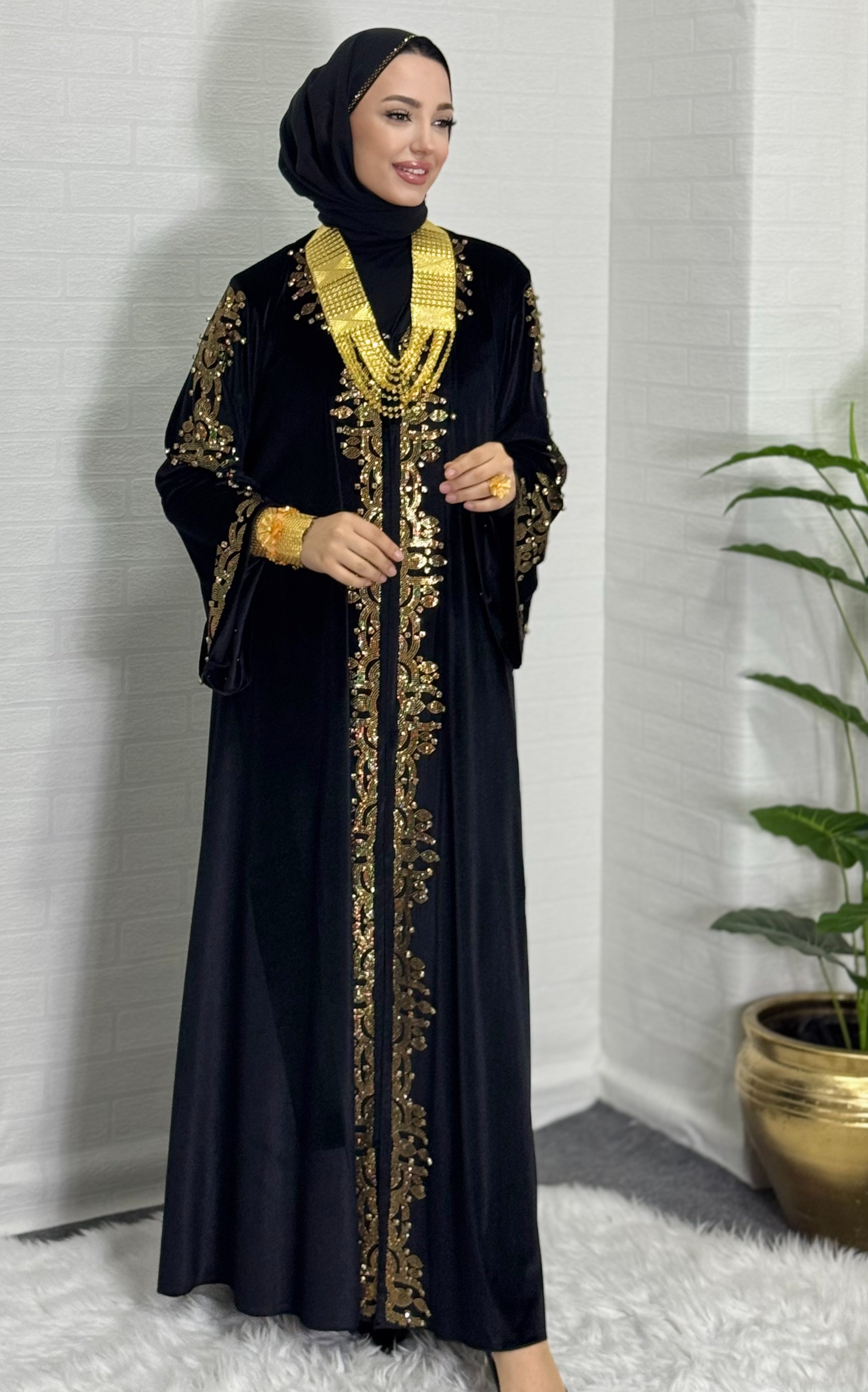 Elegant Black Velvet Abaya with Gold Stones on Front and Shoulder to Sleeves