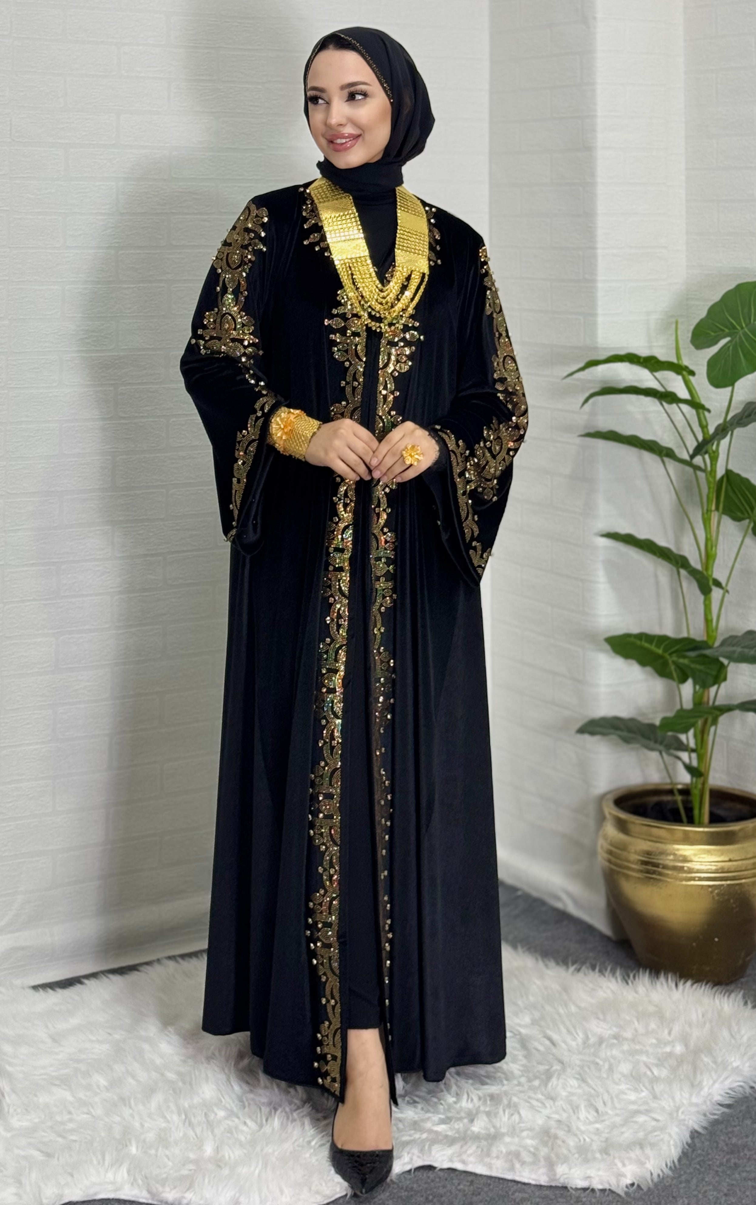 Elegant Black Velvet Abaya with Gold Stones on Front and Shoulder to Sleeves