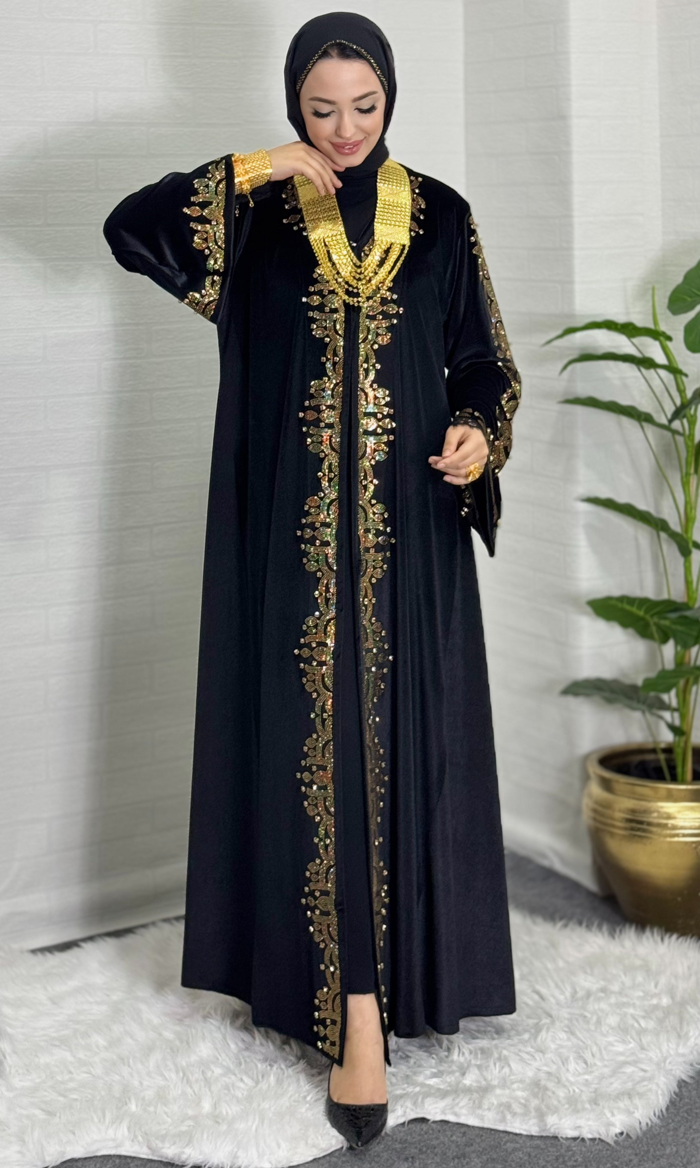 Elegant Black Velvet Abaya with Gold Stones on Front and Shoulder to Sleeves