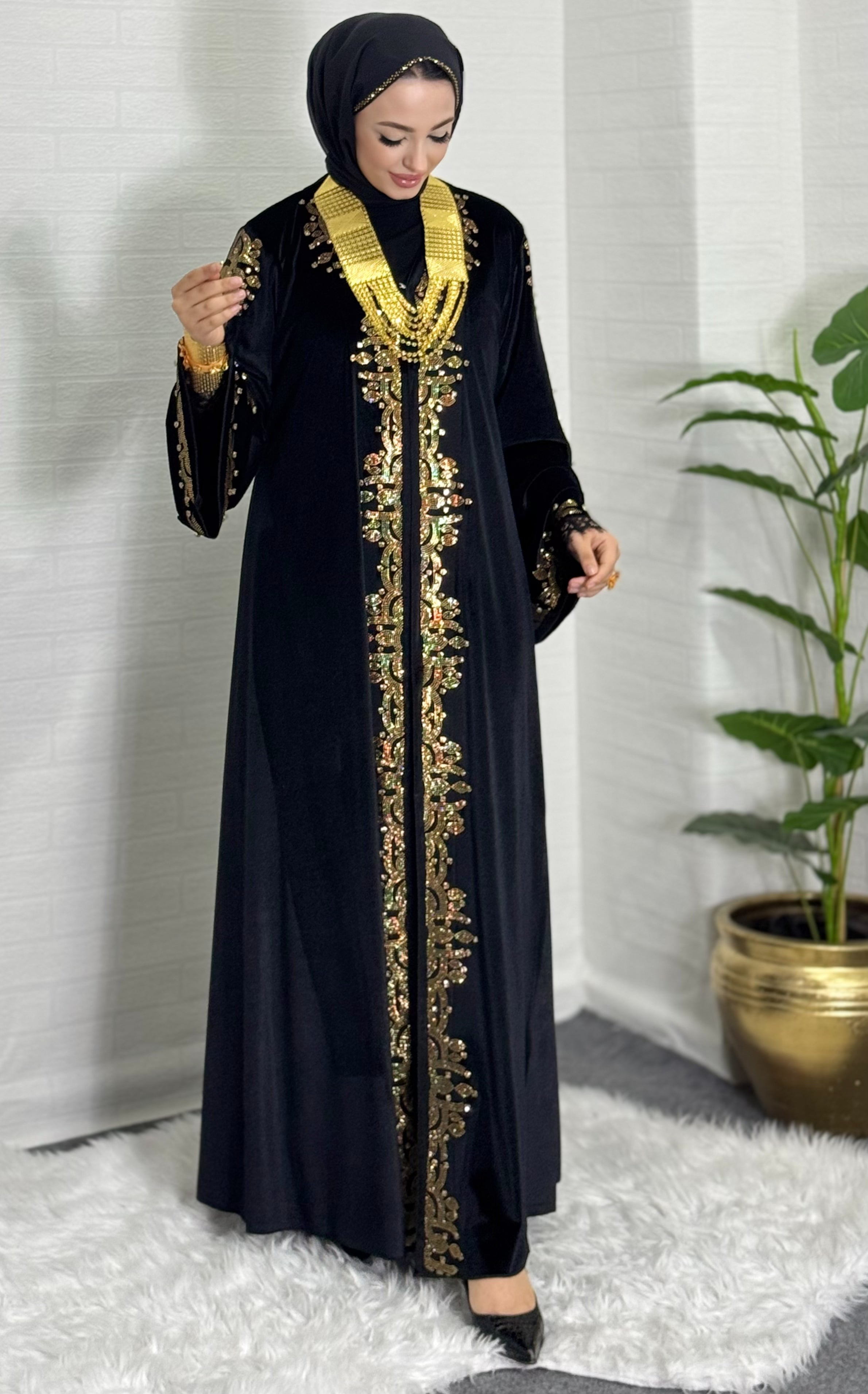 Elegant Black Velvet Abaya with Gold Stones on Front and Shoulder to Sleeves