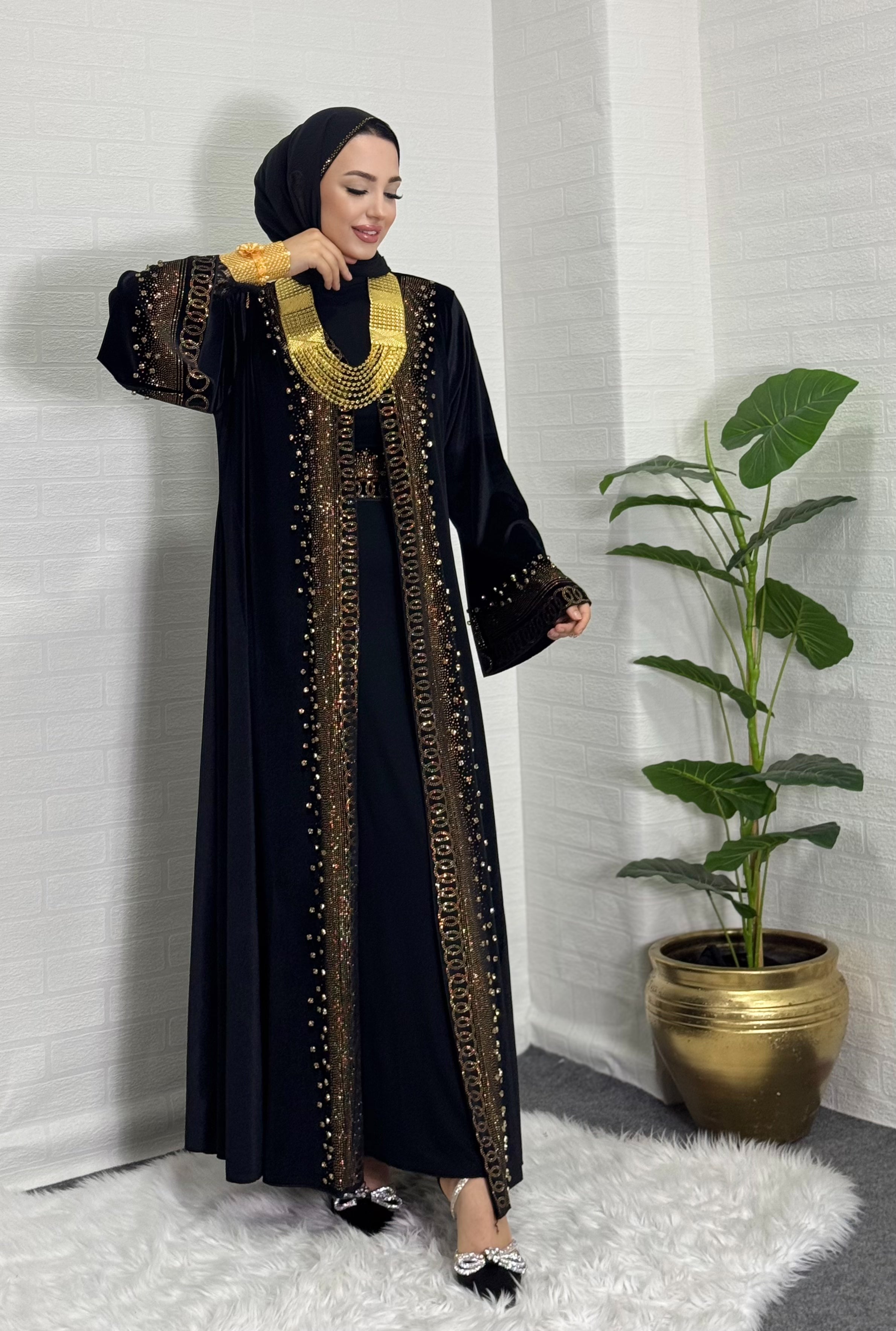 Gold Stone Embroidered Stylish Black Velvet Abaya