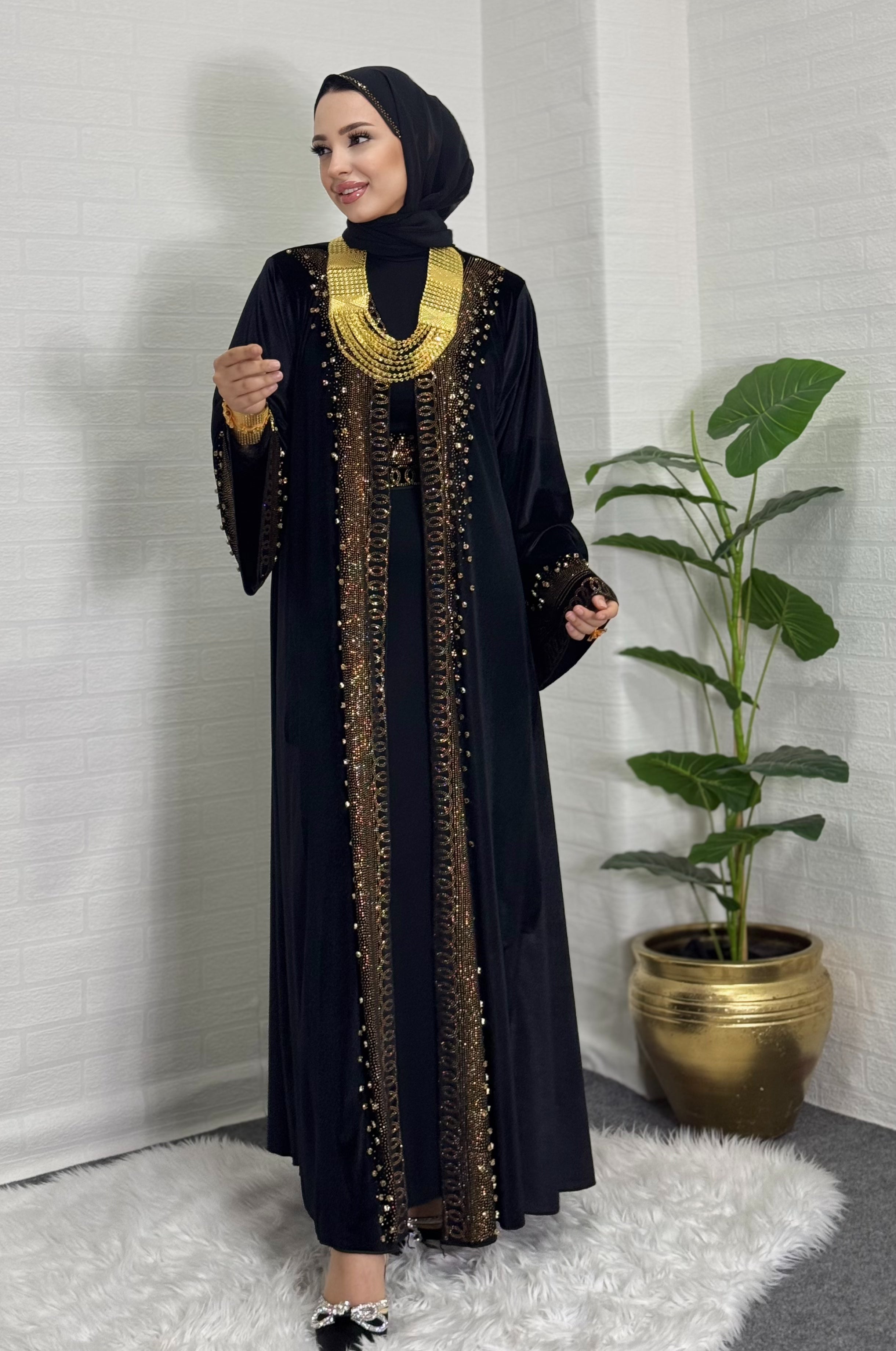 Gold Stone Embroidered Stylish Black Velvet Abaya