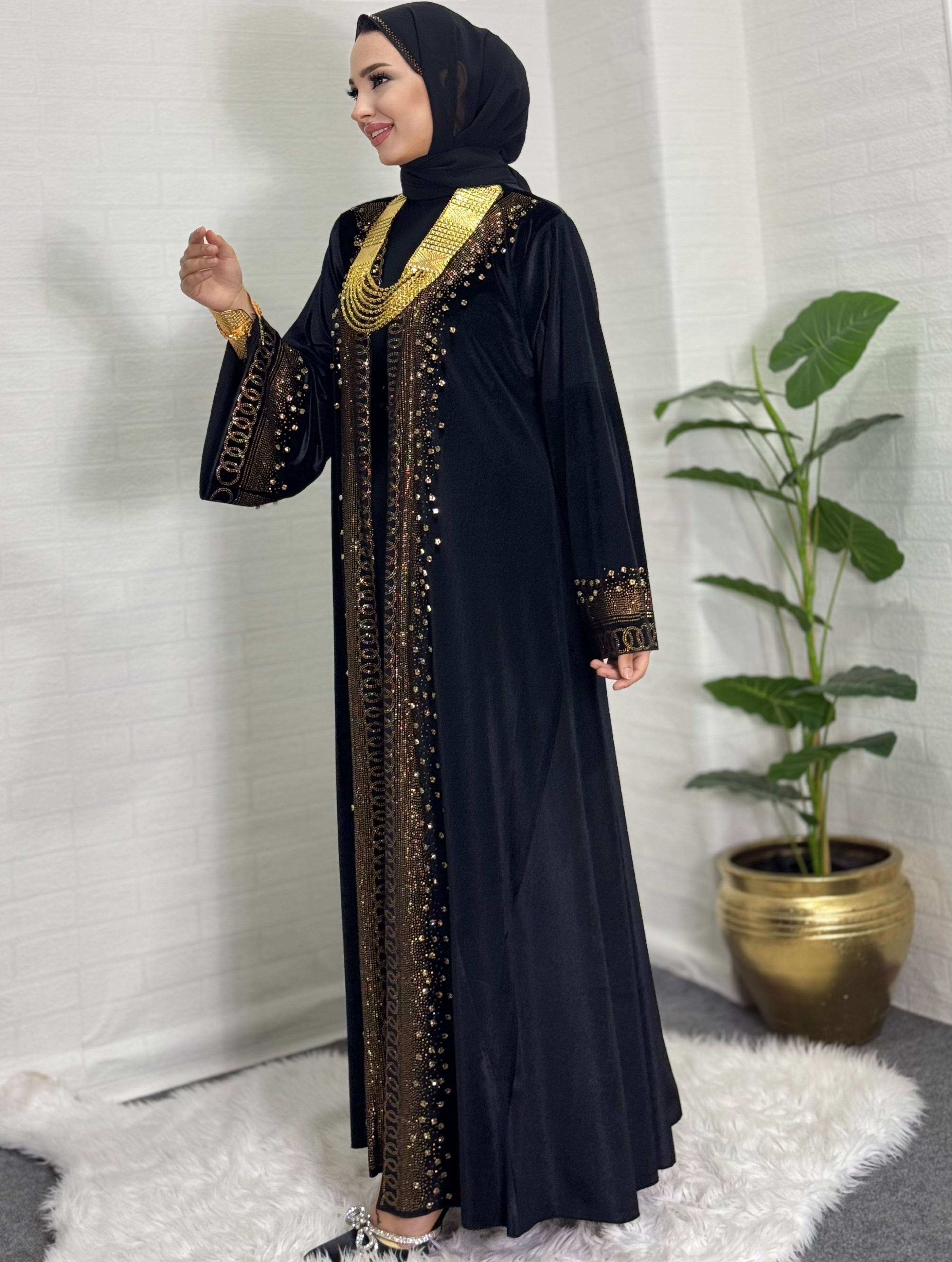 Gold Stone Embroidered Stylish Black Velvet Abaya