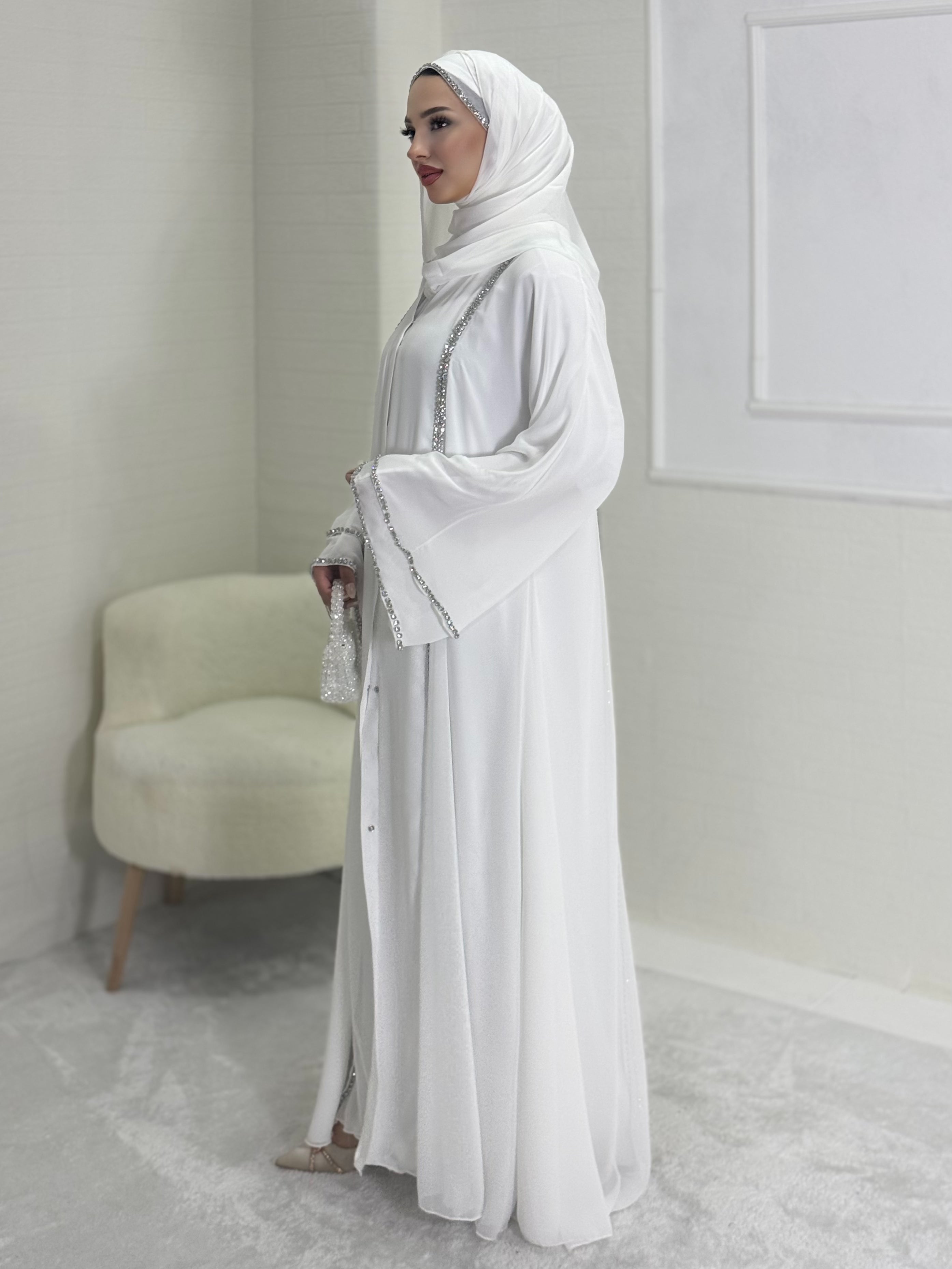 White Abaya with Front Slit and White Stones