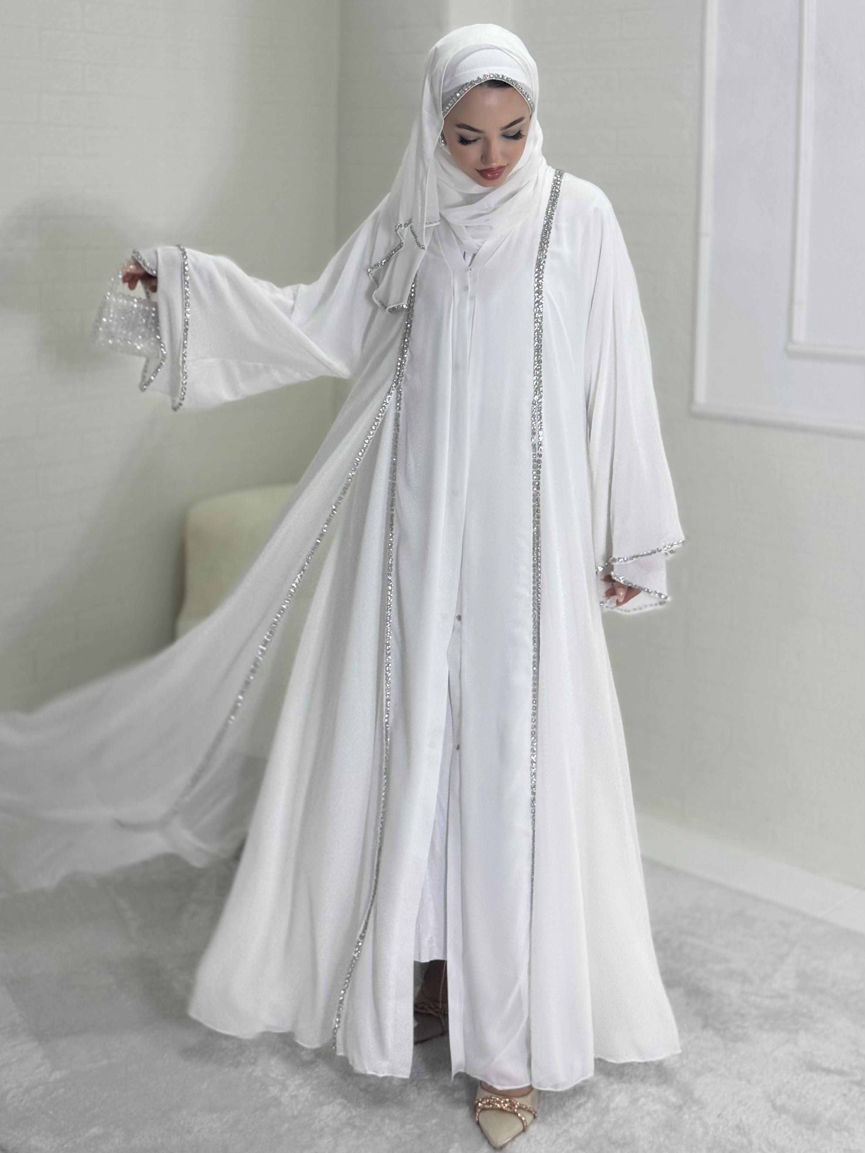 White Abaya with Front Slit and White Stones