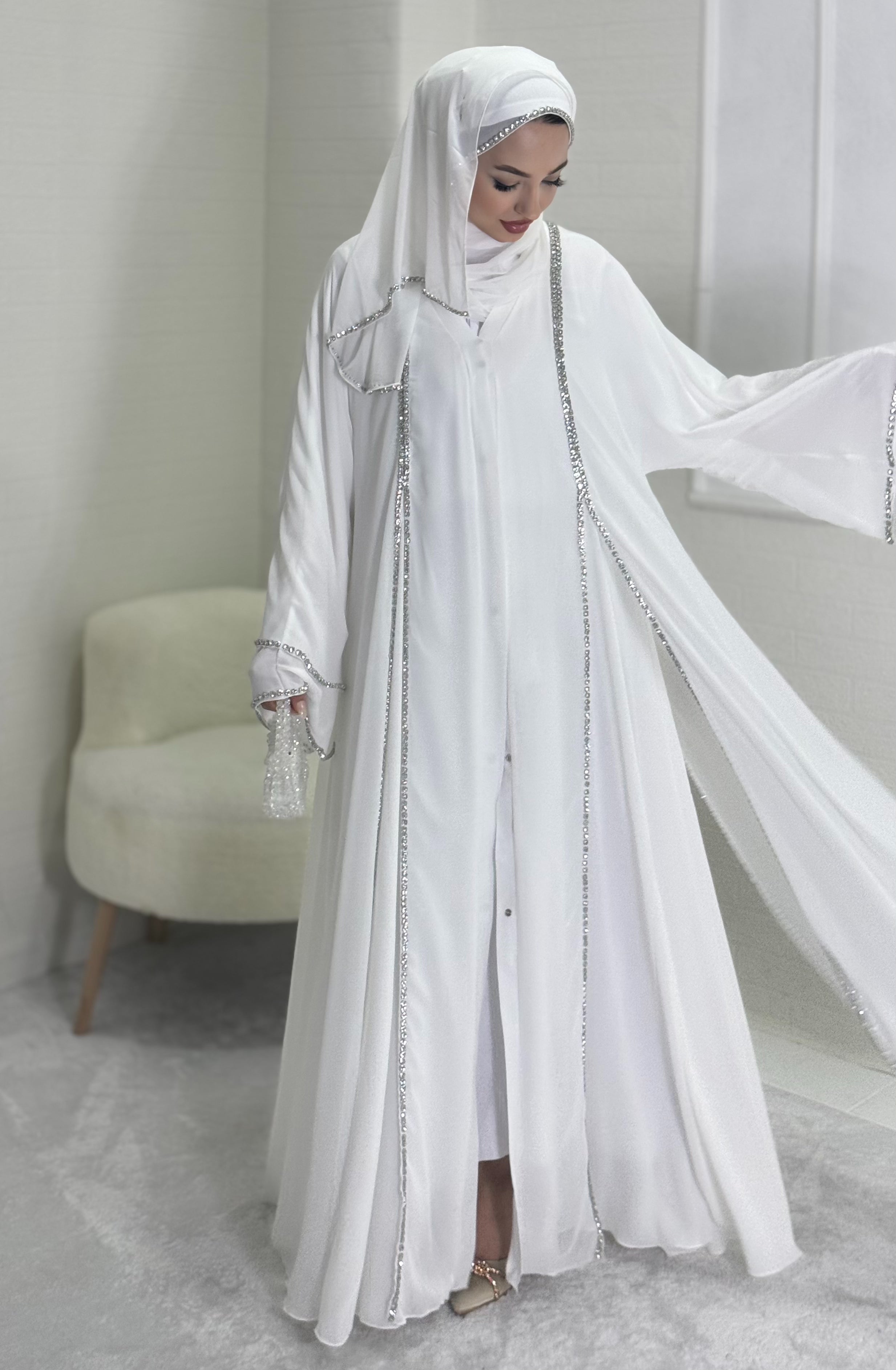 White Abaya with Front Slit and White Stones