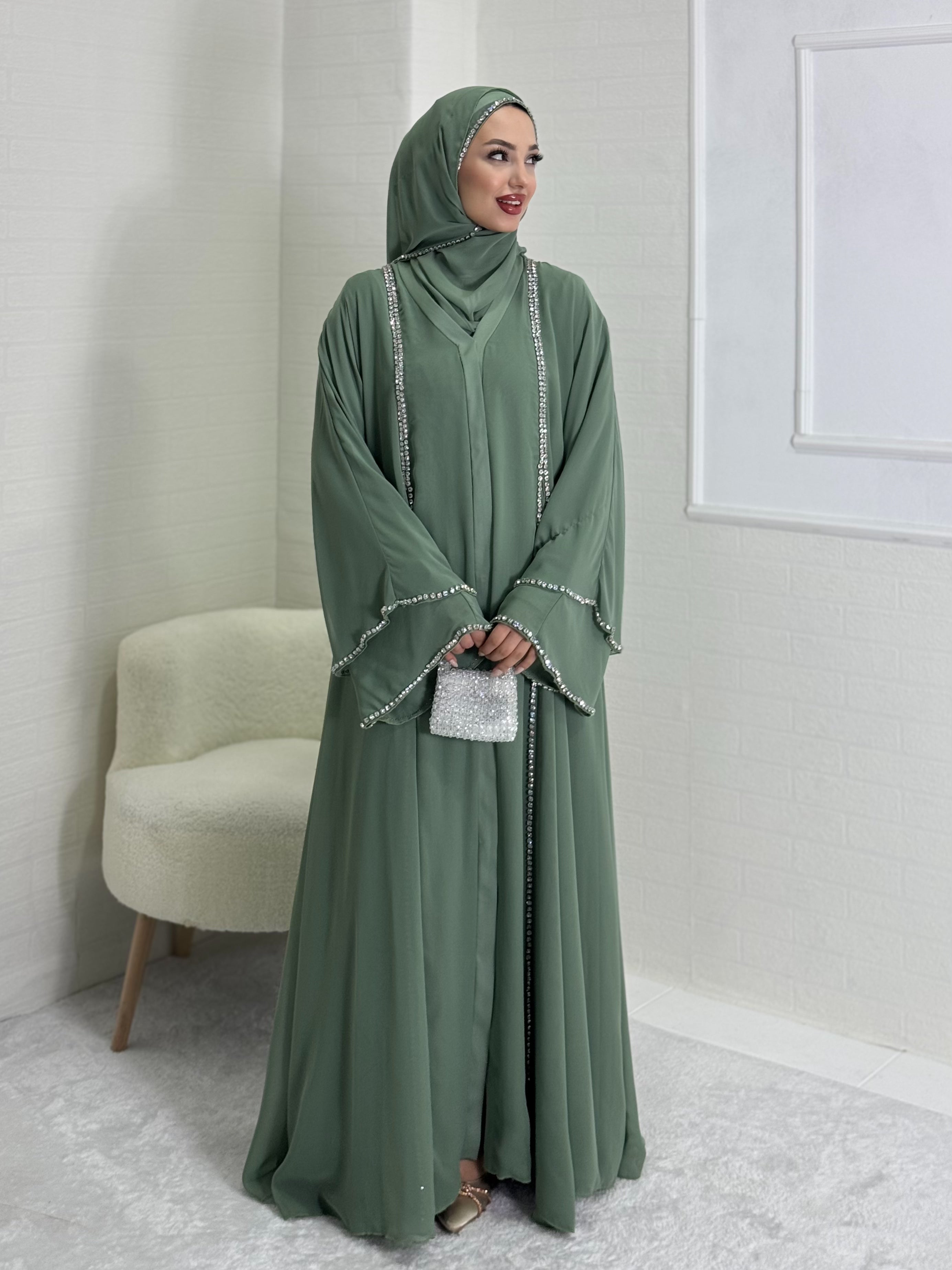 Chiffon Pistachio Green Abaya with Front Slit and White Stones