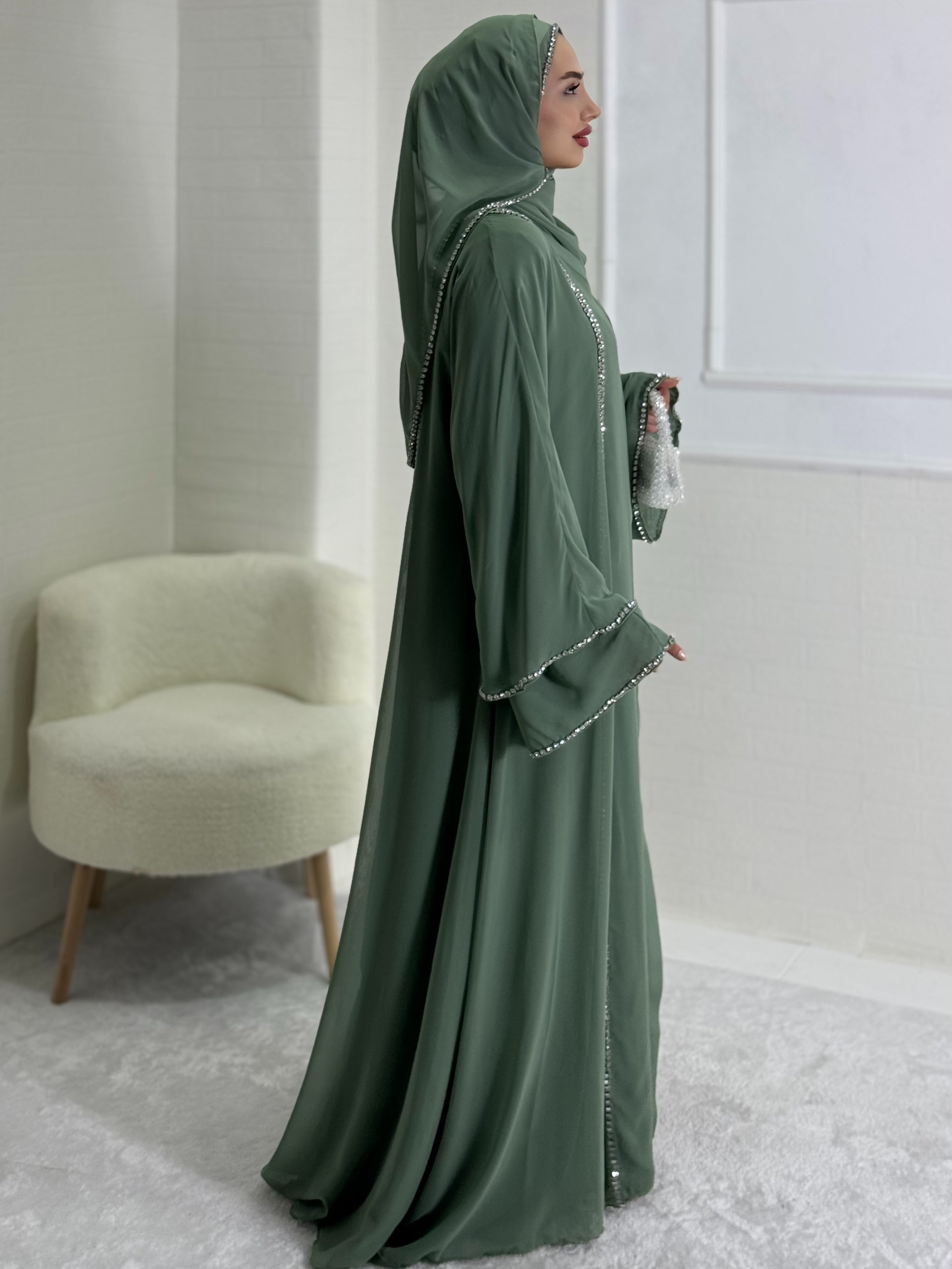 Chiffon Pistachio Green Abaya with Front Slit and White Stones