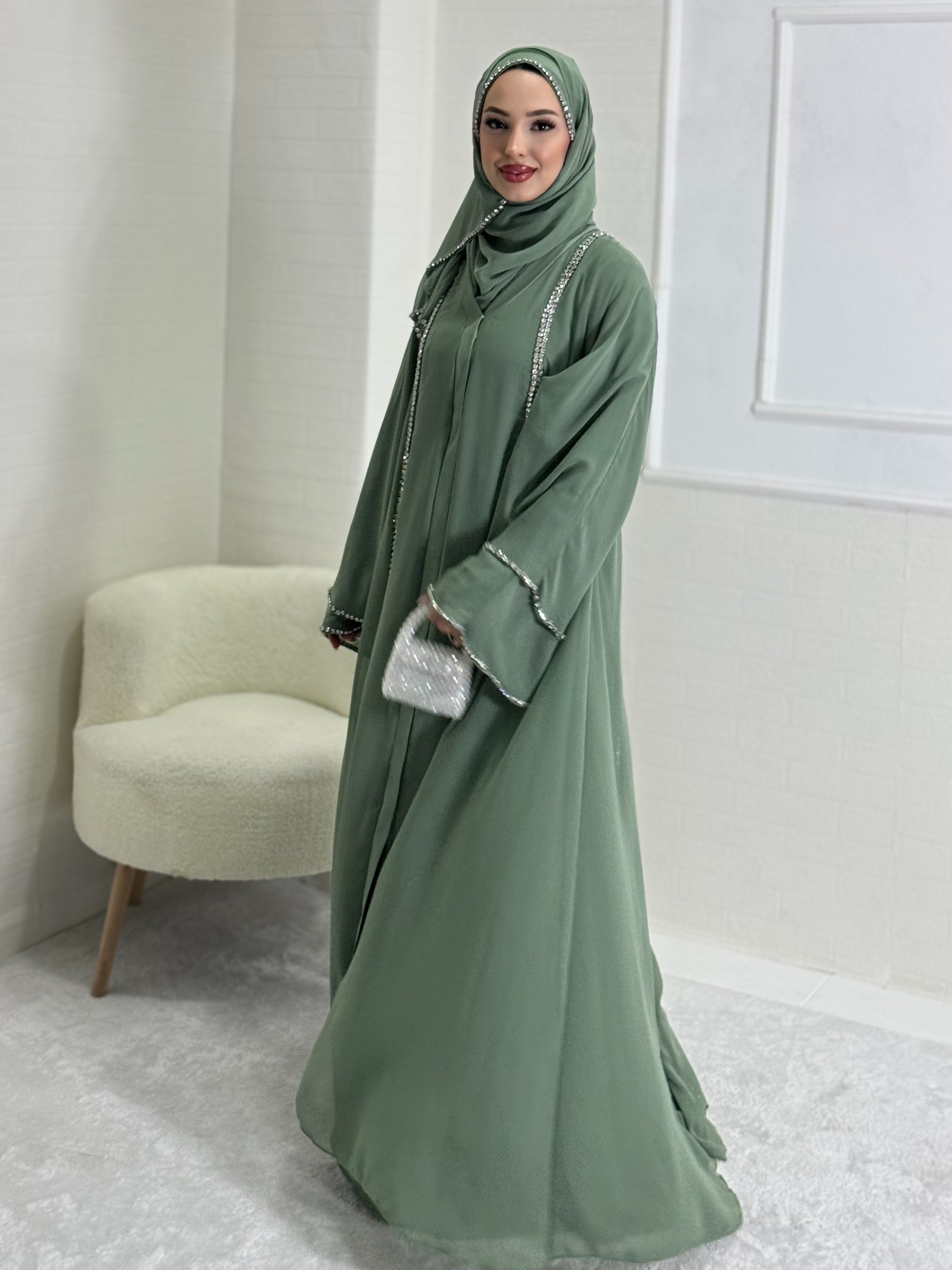 Chiffon Pistachio Green Abaya with Front Slit and White Stones