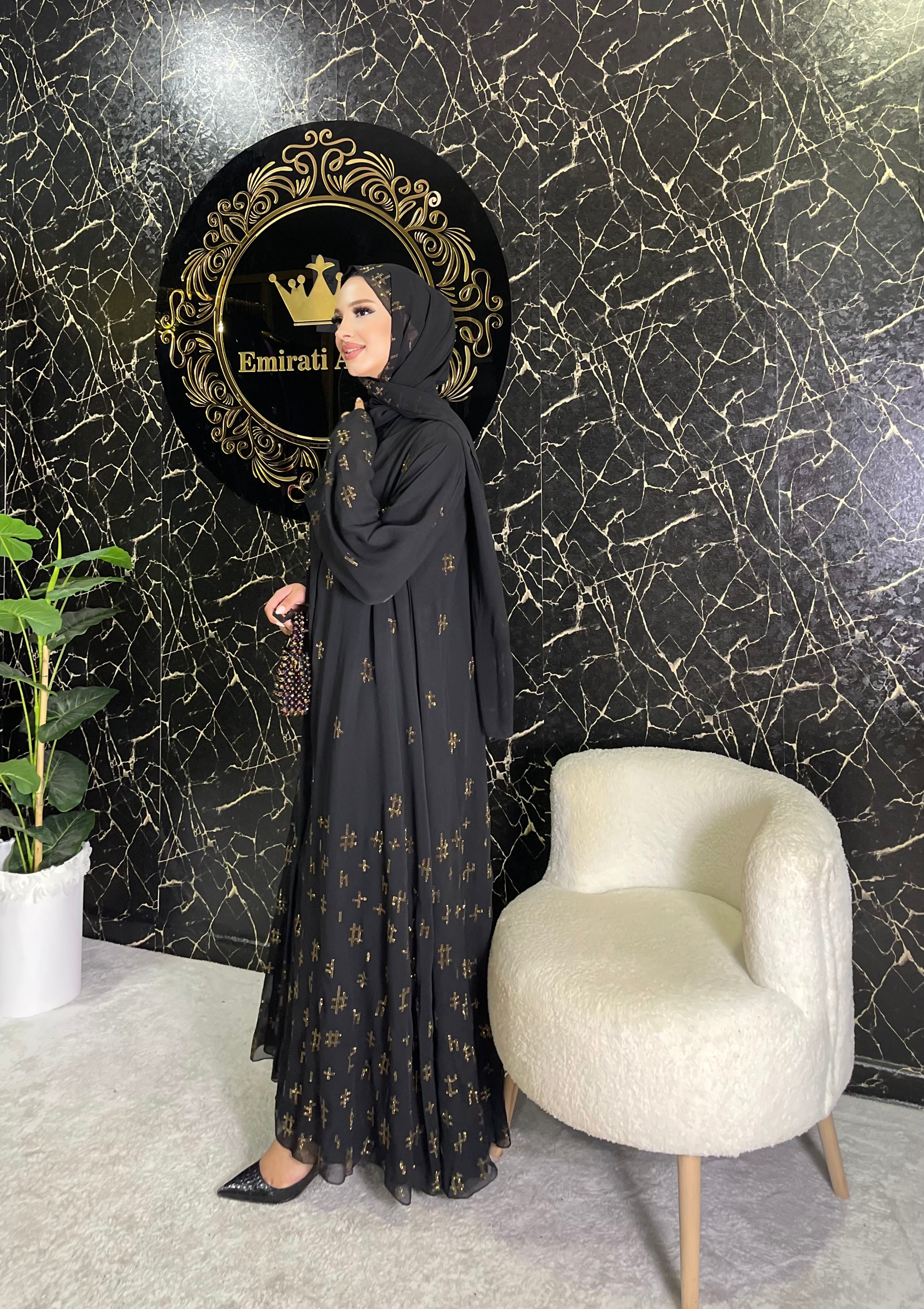 Gold Geometrik Taş Detaylı Siyah Abaya