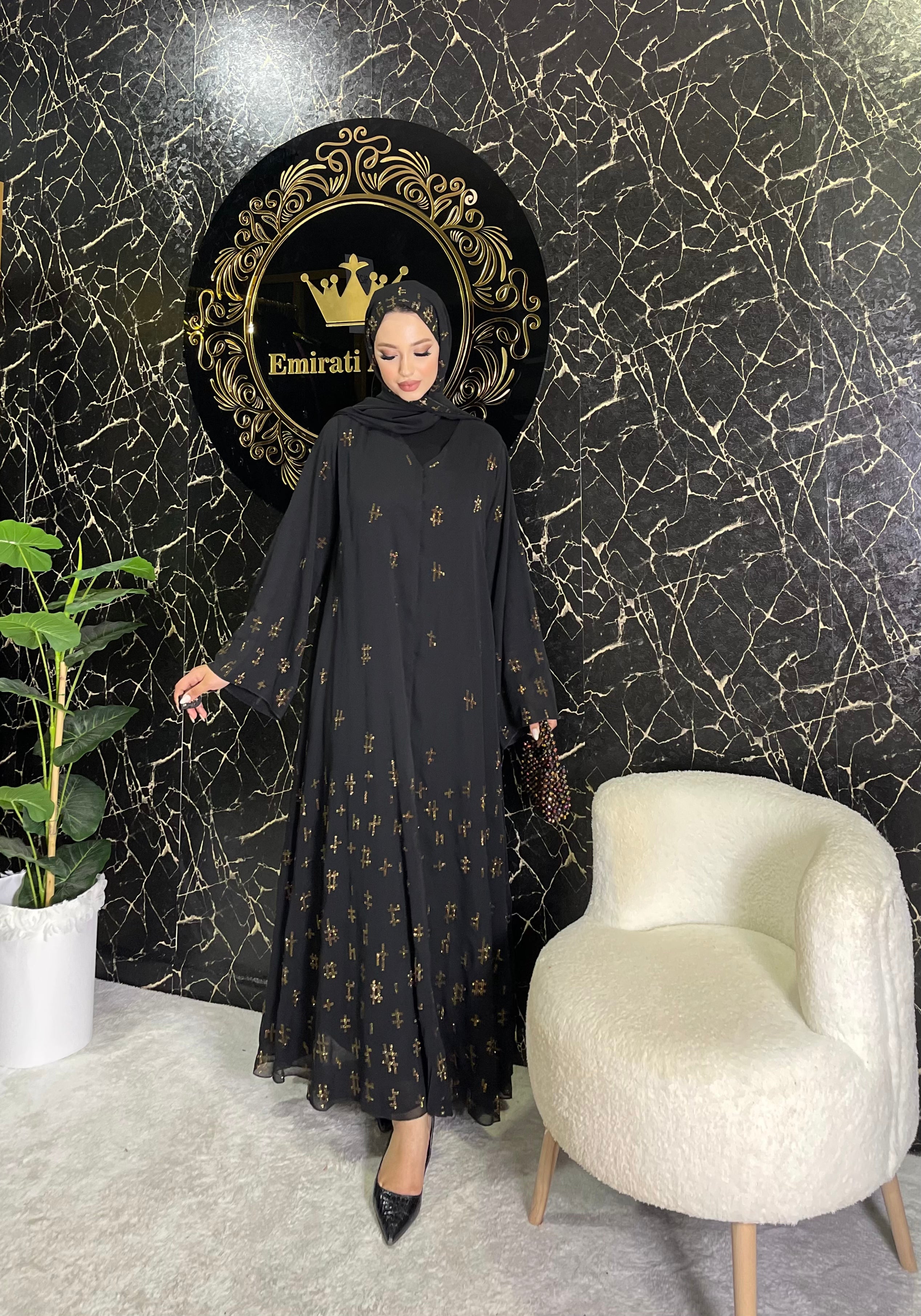 Gold Geometrik Taş Detaylı Siyah Abaya