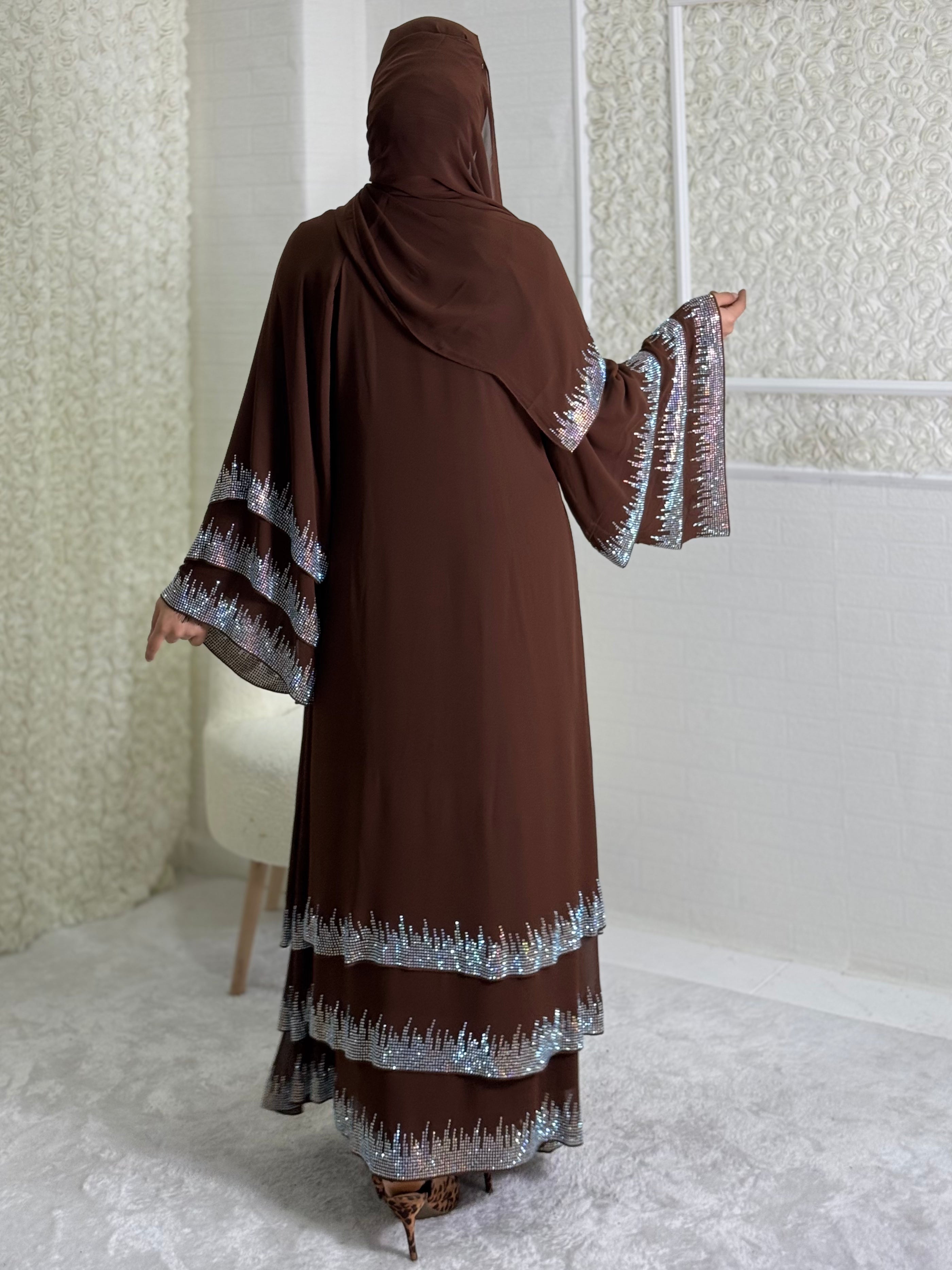 Brown Three-Layer Abaya Embellished with Swarovski Stones