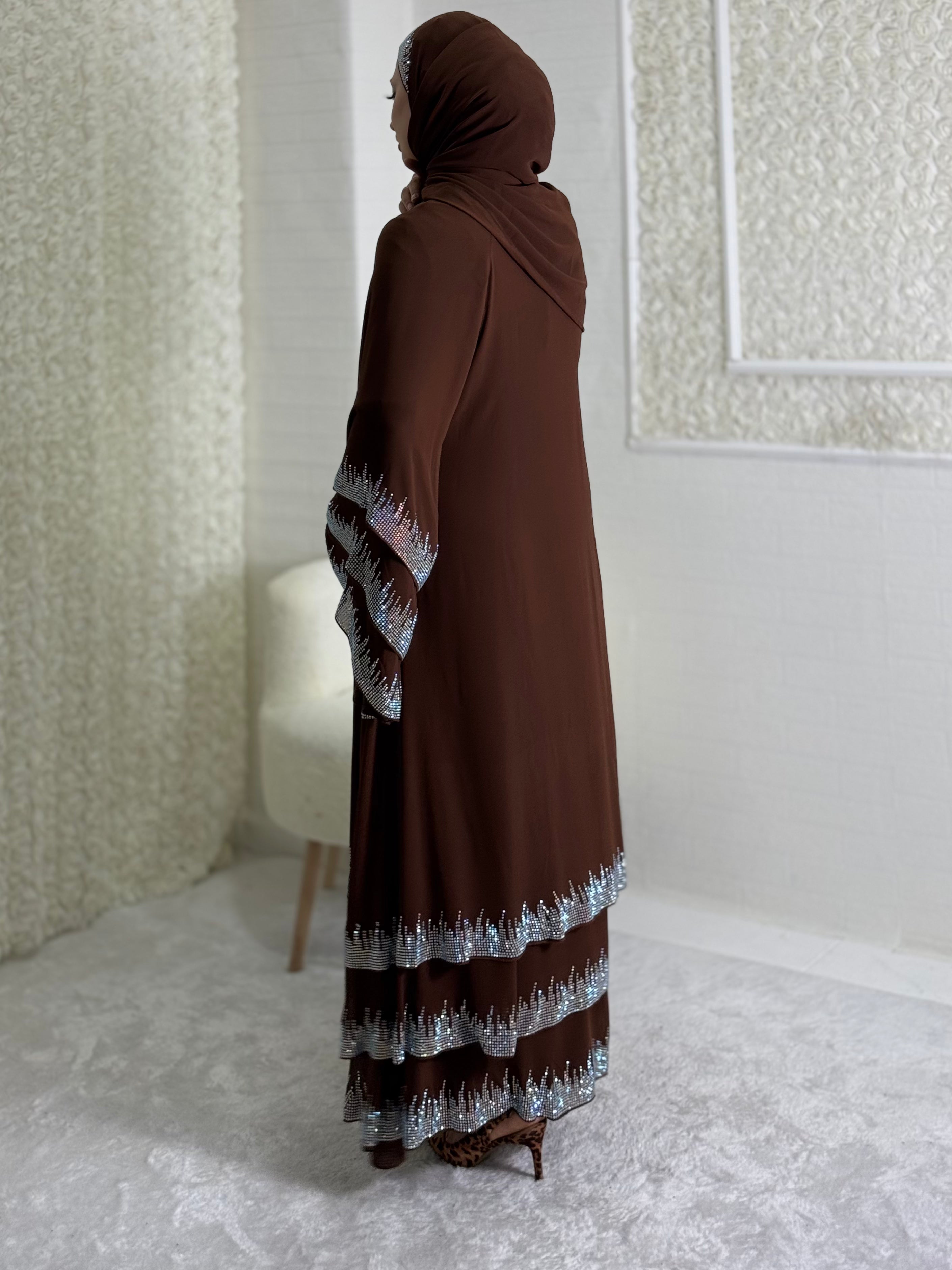 Brown Three-Layer Abaya Embellished with Swarovski Stones